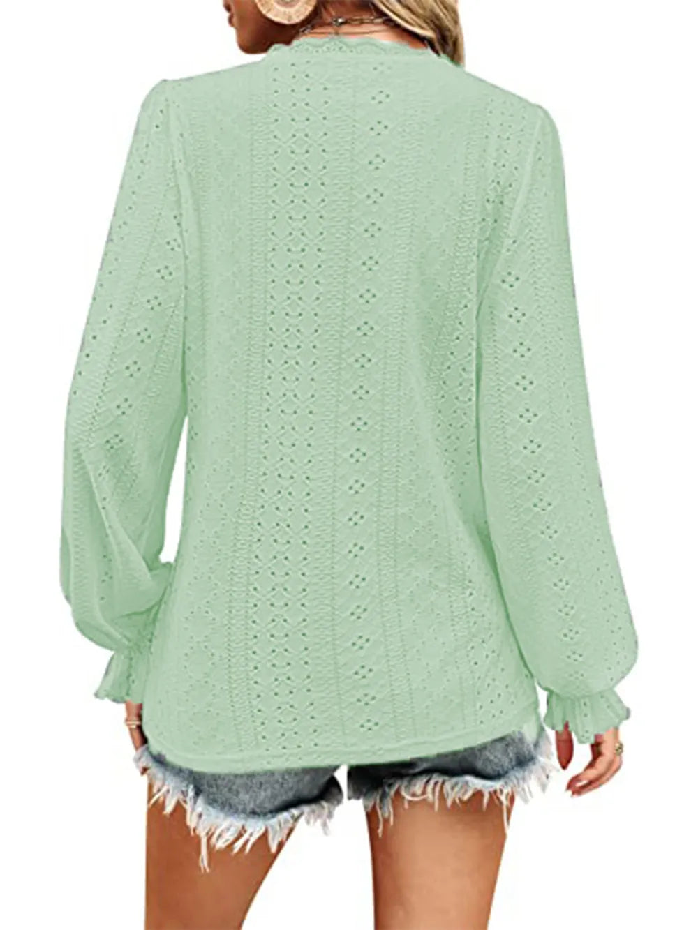 Eyelet V-Neck Flounce Sleeve Blouse – Trendsi | ClozArt