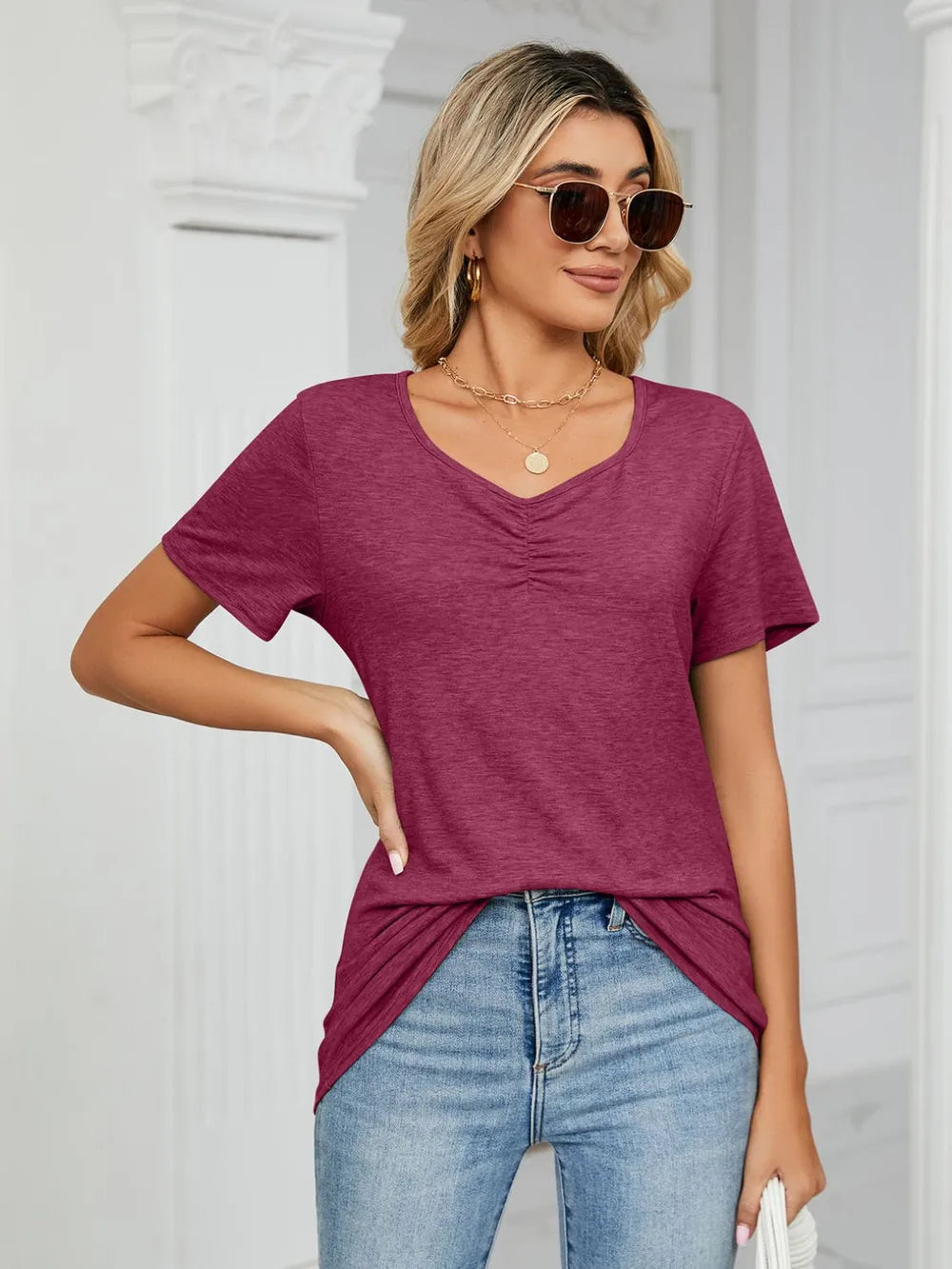 Ruched V-Neck Short Sleeve T-Shirt – Trendsi | ClozArt