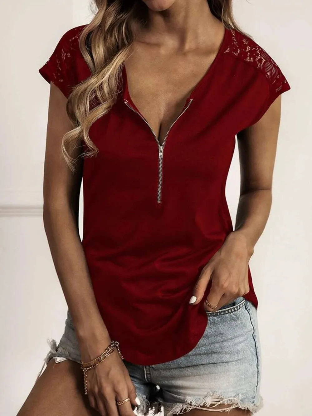 Lace Detail Half Zip Cap Sleeve T-Shirt – Trendsi | ClozArt