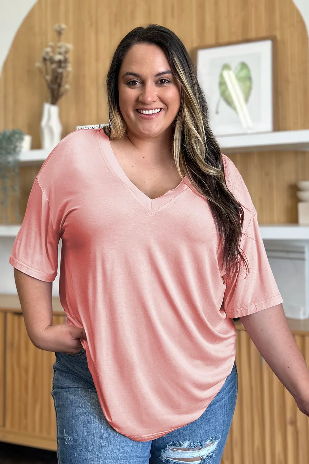 Basic Bae Full Size Bamboo V-Neck Drop Shoulder T-Shirt – Trendsi | ClozArt