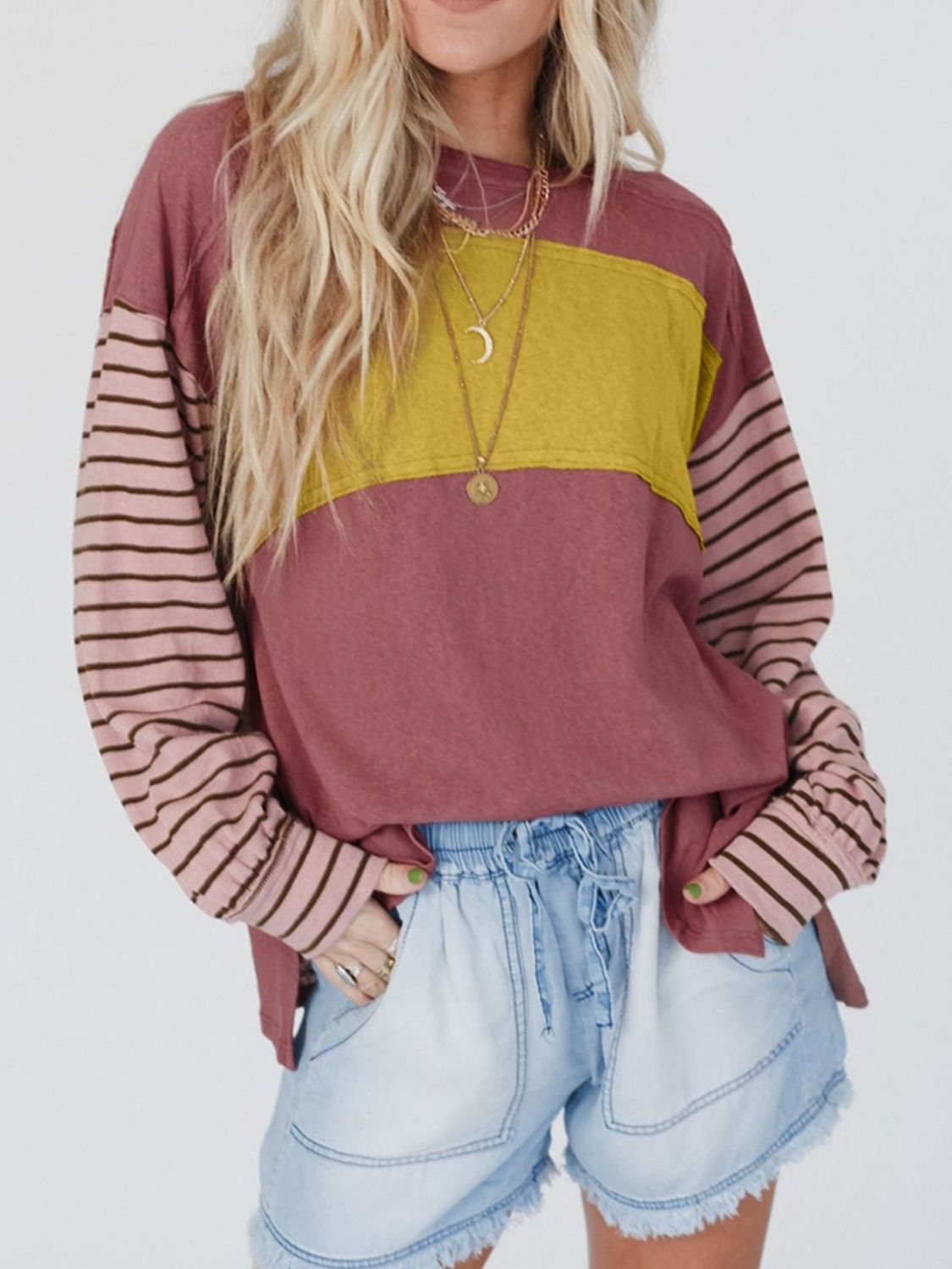 Round Neck Color Block Dropped Shoulder T-Shirt – Trendsi | ClozArt
