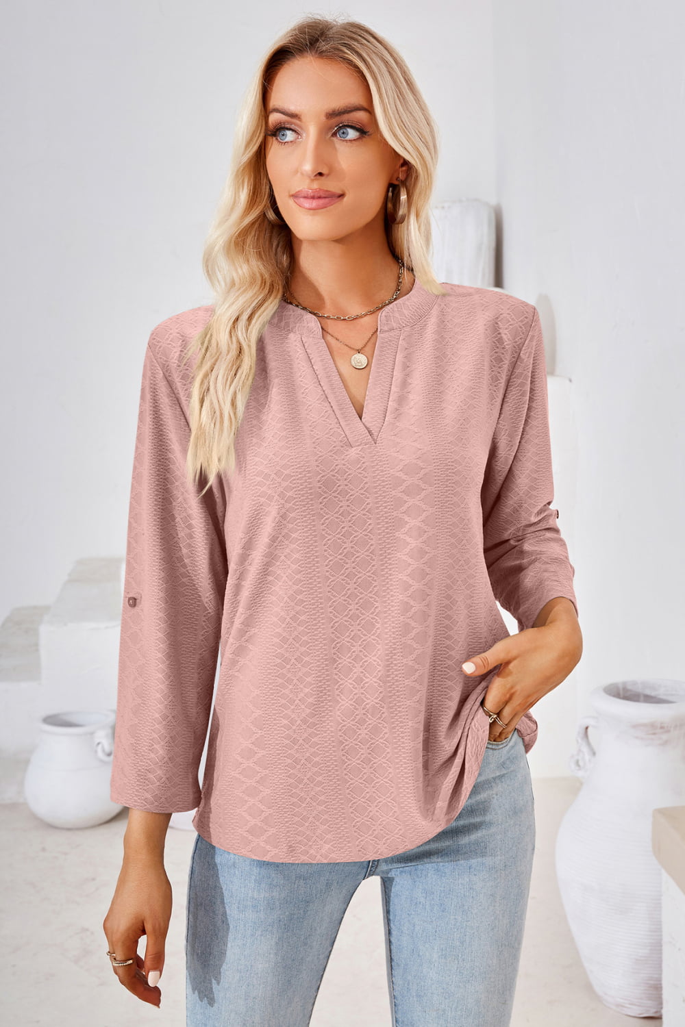 V-Neck Roll-Tap Sleeve Blouse – Trendsi | ClozArt