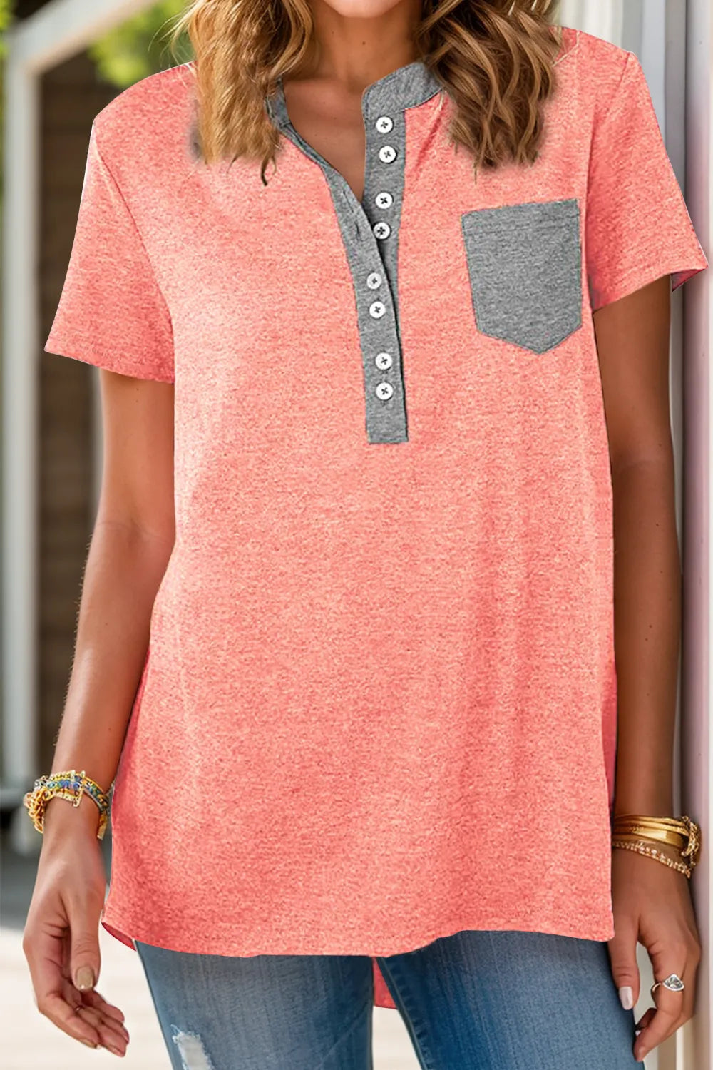 Full Size Half Button Short Sleeve T-Shirt – Trendsi | ClozArt