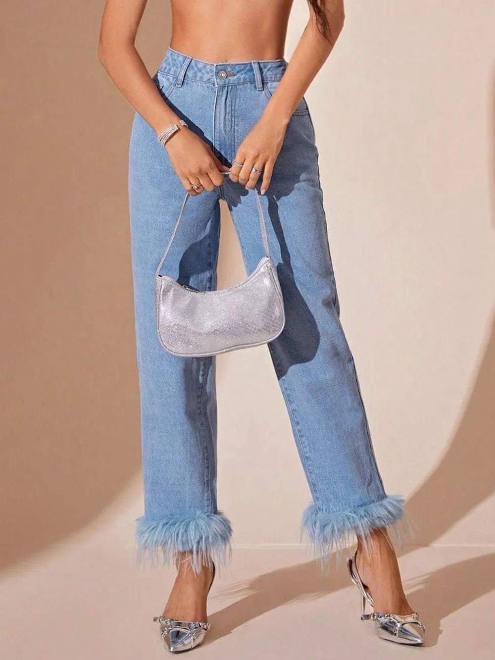 Plush Hem High Rise Straight Jeans – Trendsi | ClozArt