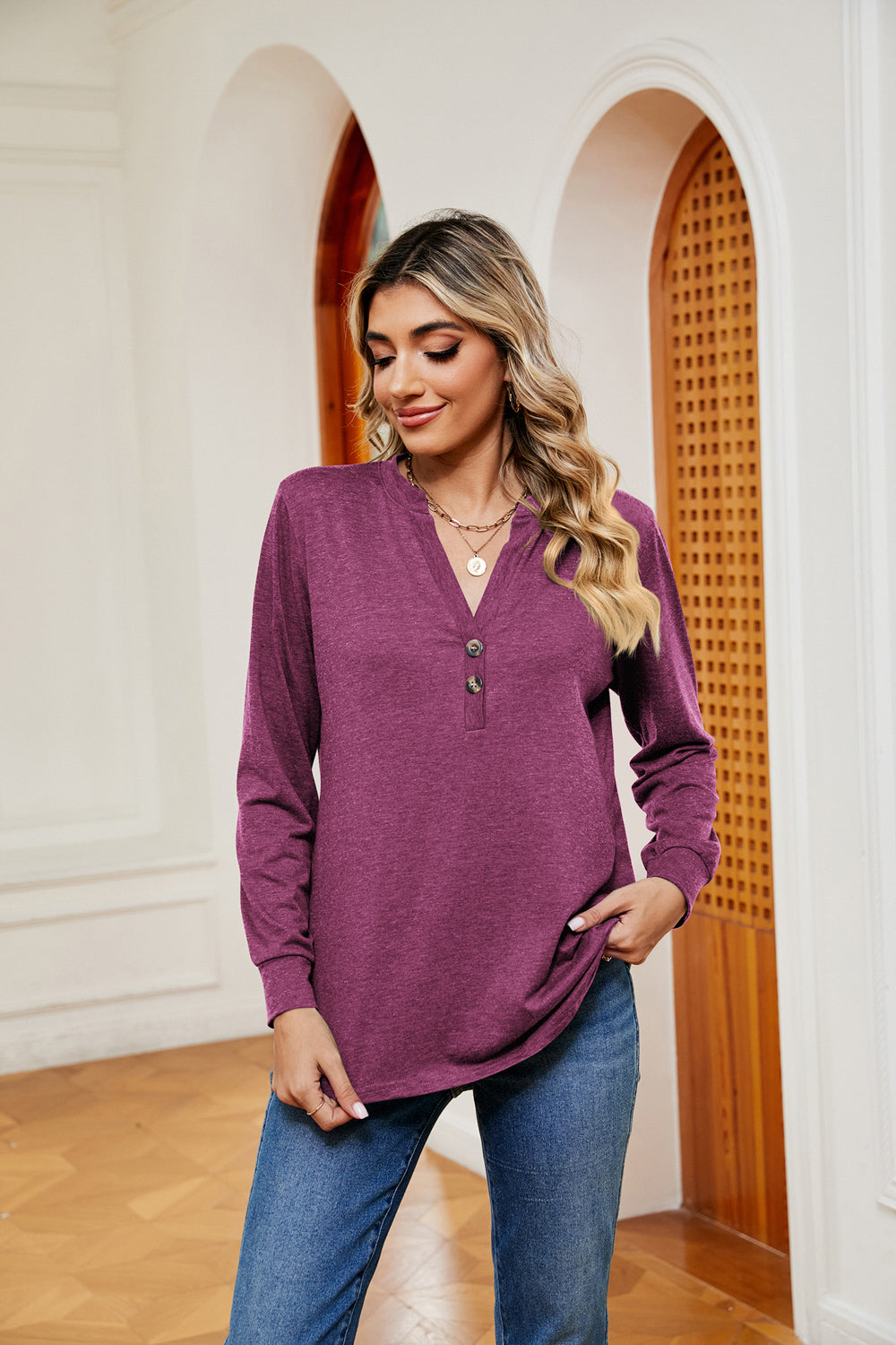 Buttoned Notched Neck Long Sleeve Top – Trendsi | ClozArt