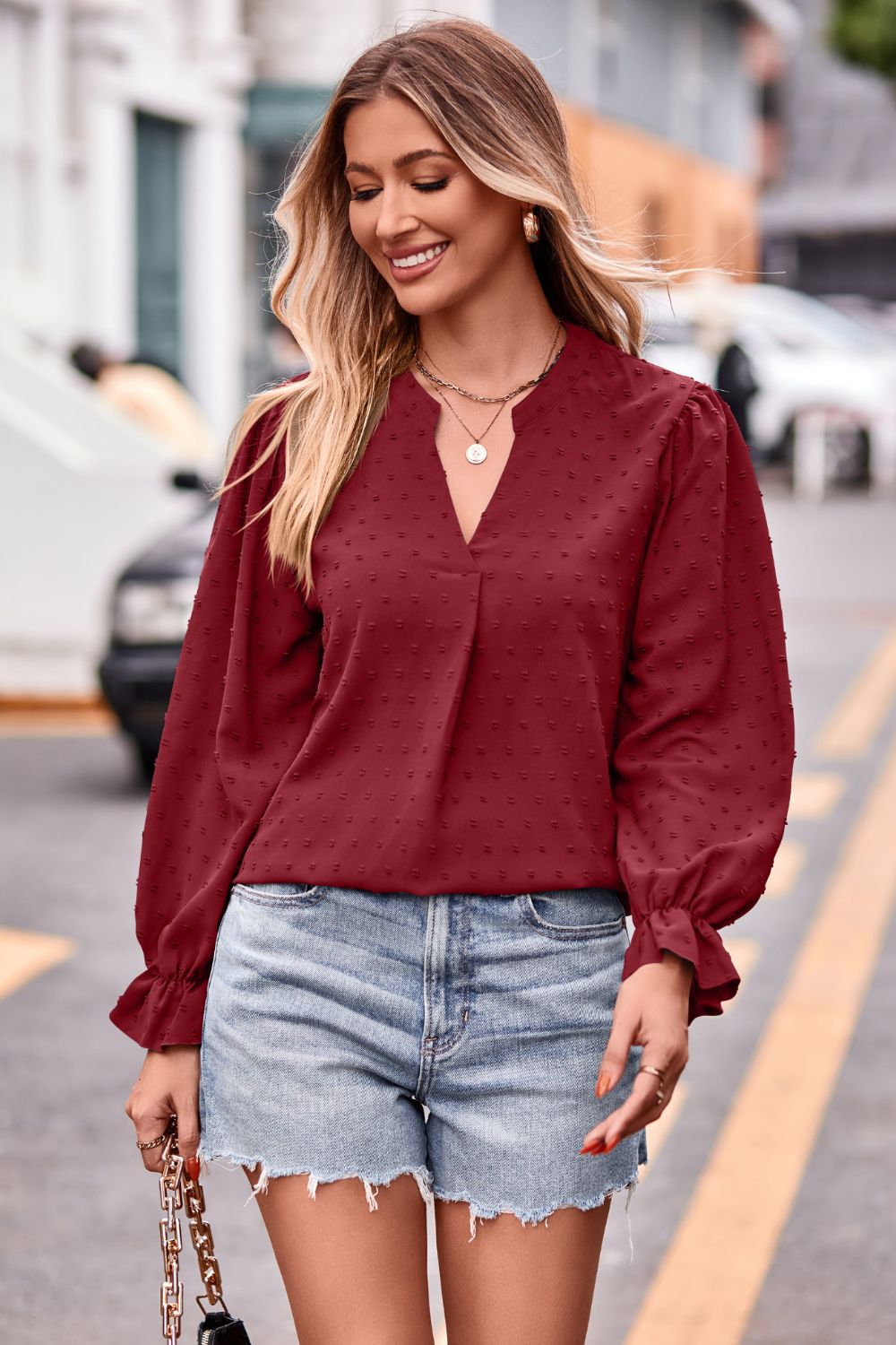 Swiss Dot Notched Neck Flounce Sleeve Blouse – Trendsi | ClozArt