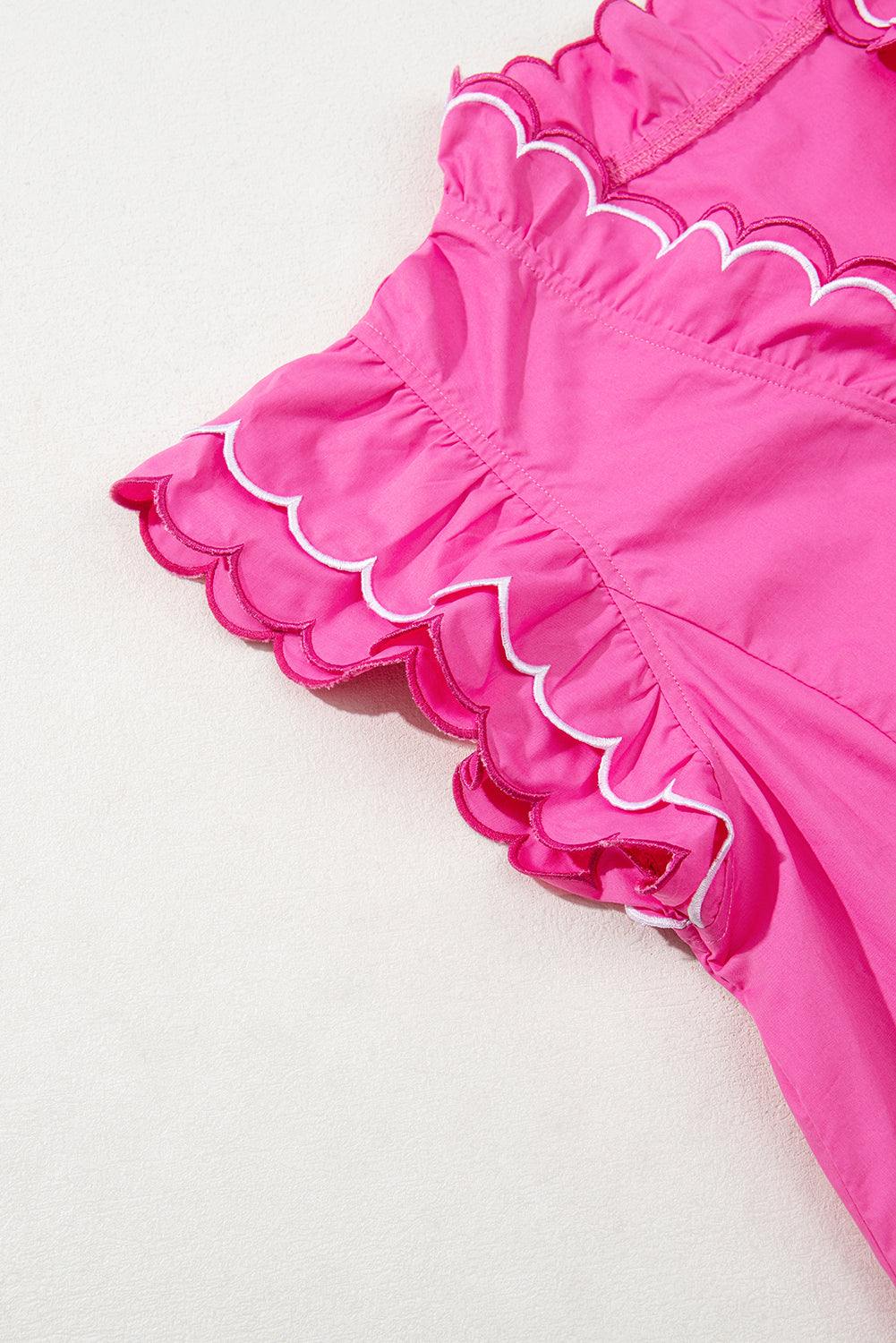 Bright Pink Scallop Trim V Neck Layered Short Sleeve Blouse – Shewin | ClozArt