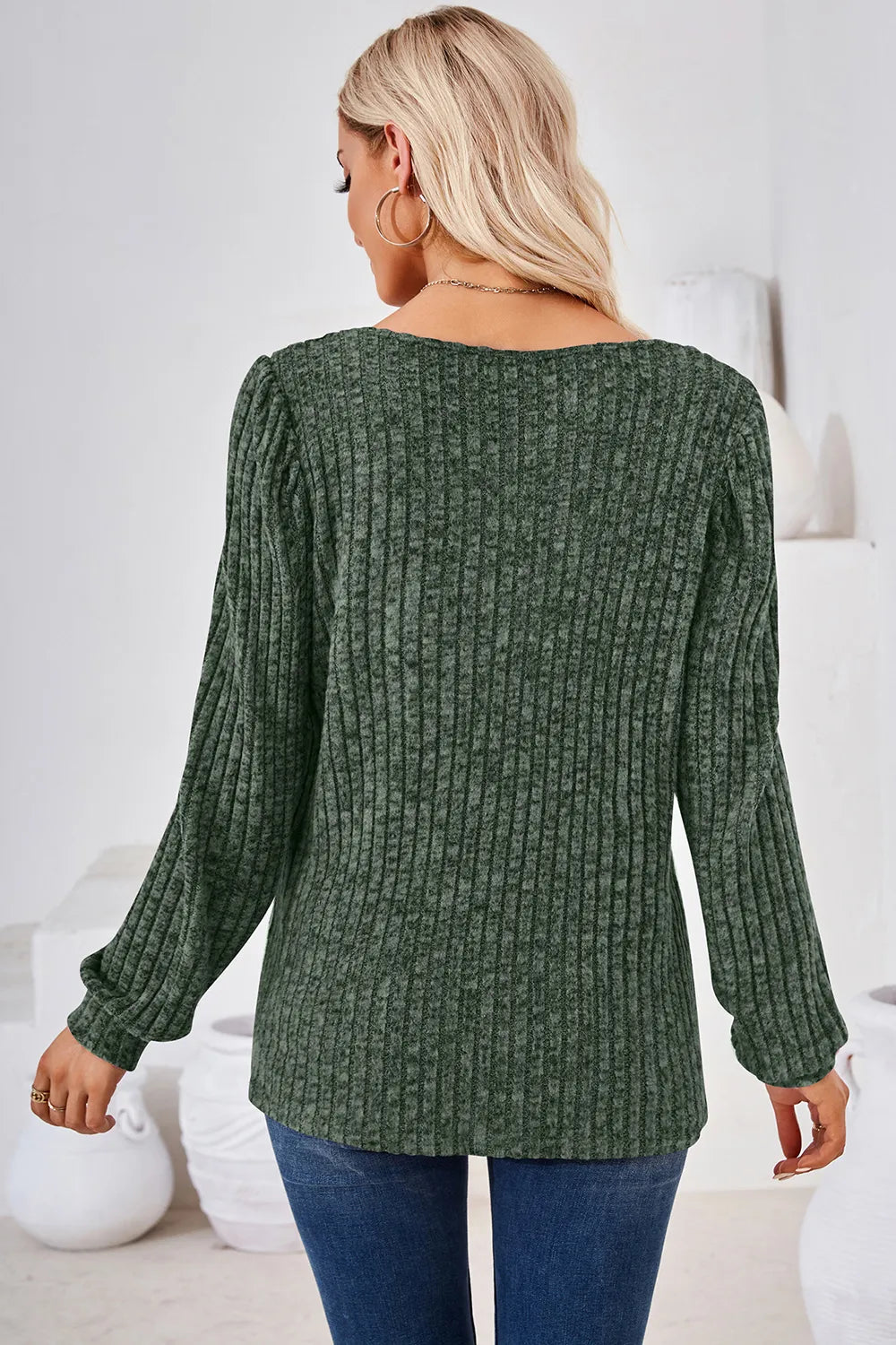 Ribbed Square Neck Long Sleeve T-Shirt – Trendsi | ClozArt