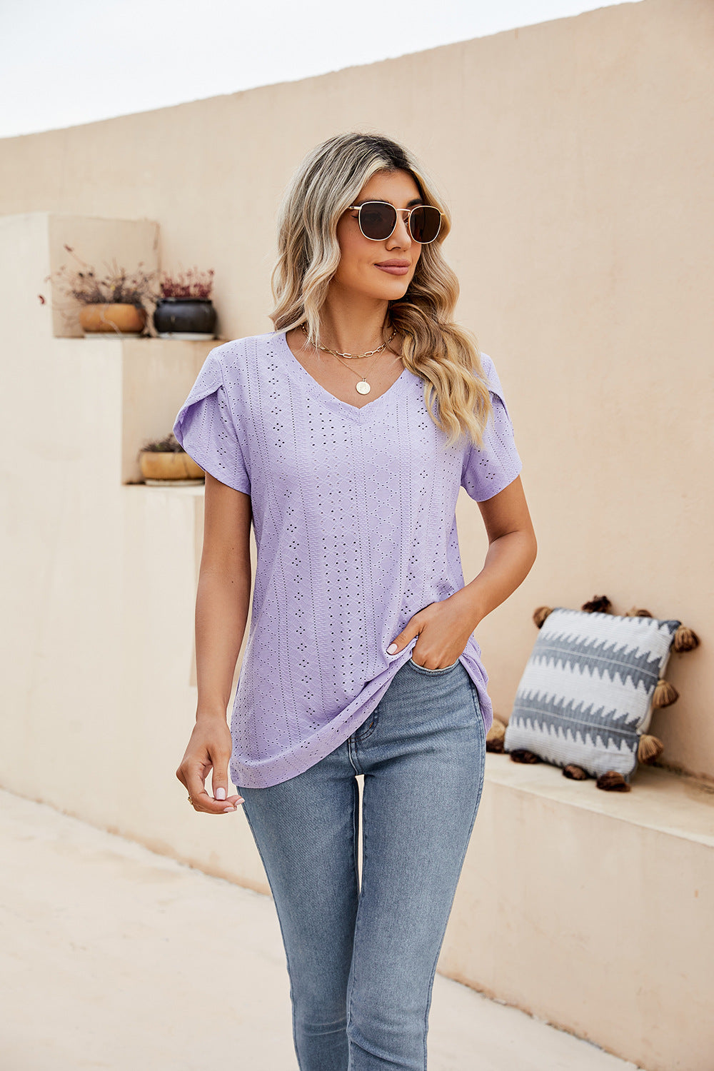 Eyelet Petal Sleeve V-Neck Knit Top – Trendsi | ClozArt
