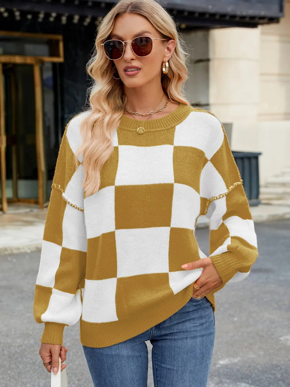 Checkered Round Neck Long Sleeve Sweater – Trendsi | ClozArt