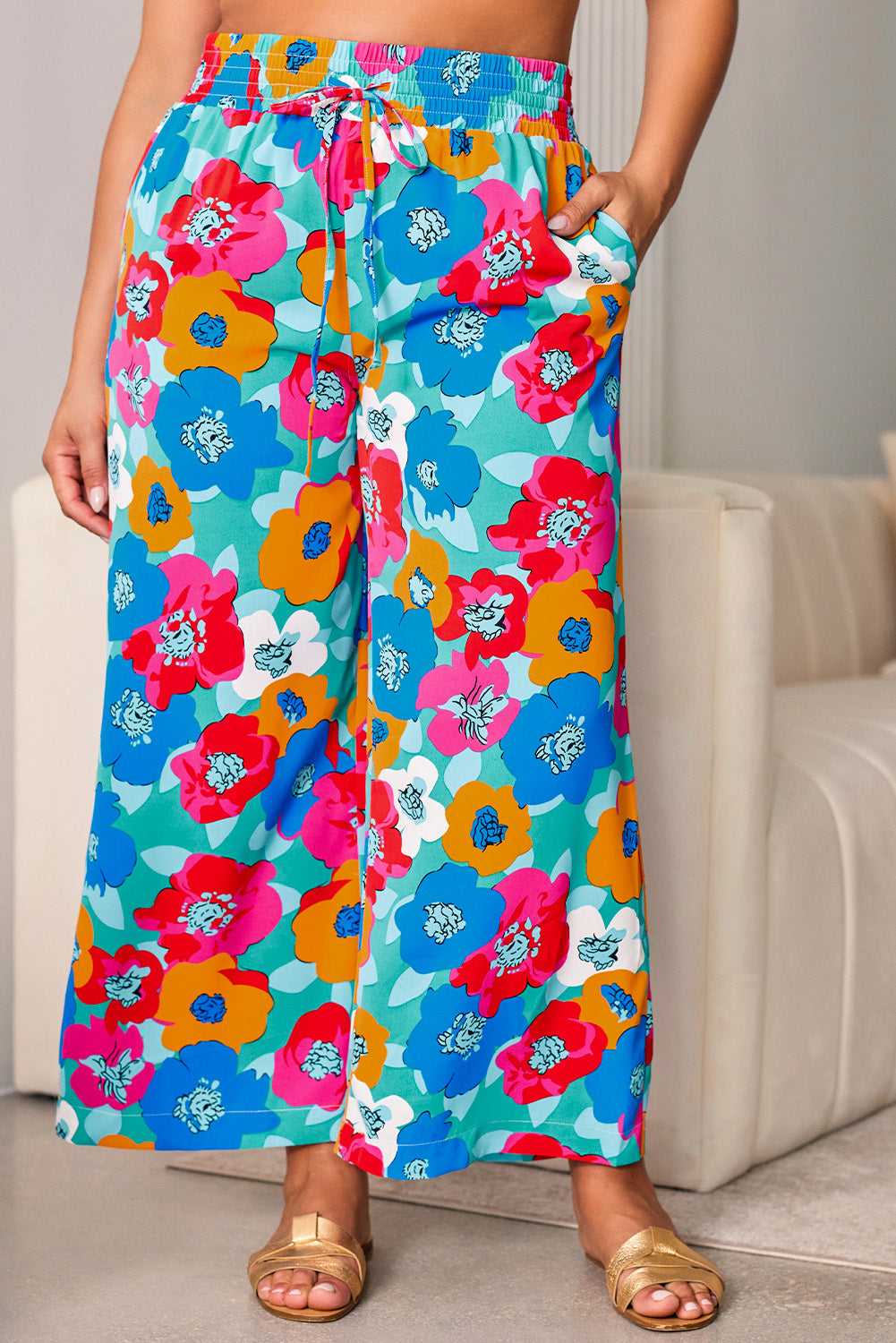Plus Size Floral Drawstring Wide Leg Pants with Pockets – Trendsi | ClozArt