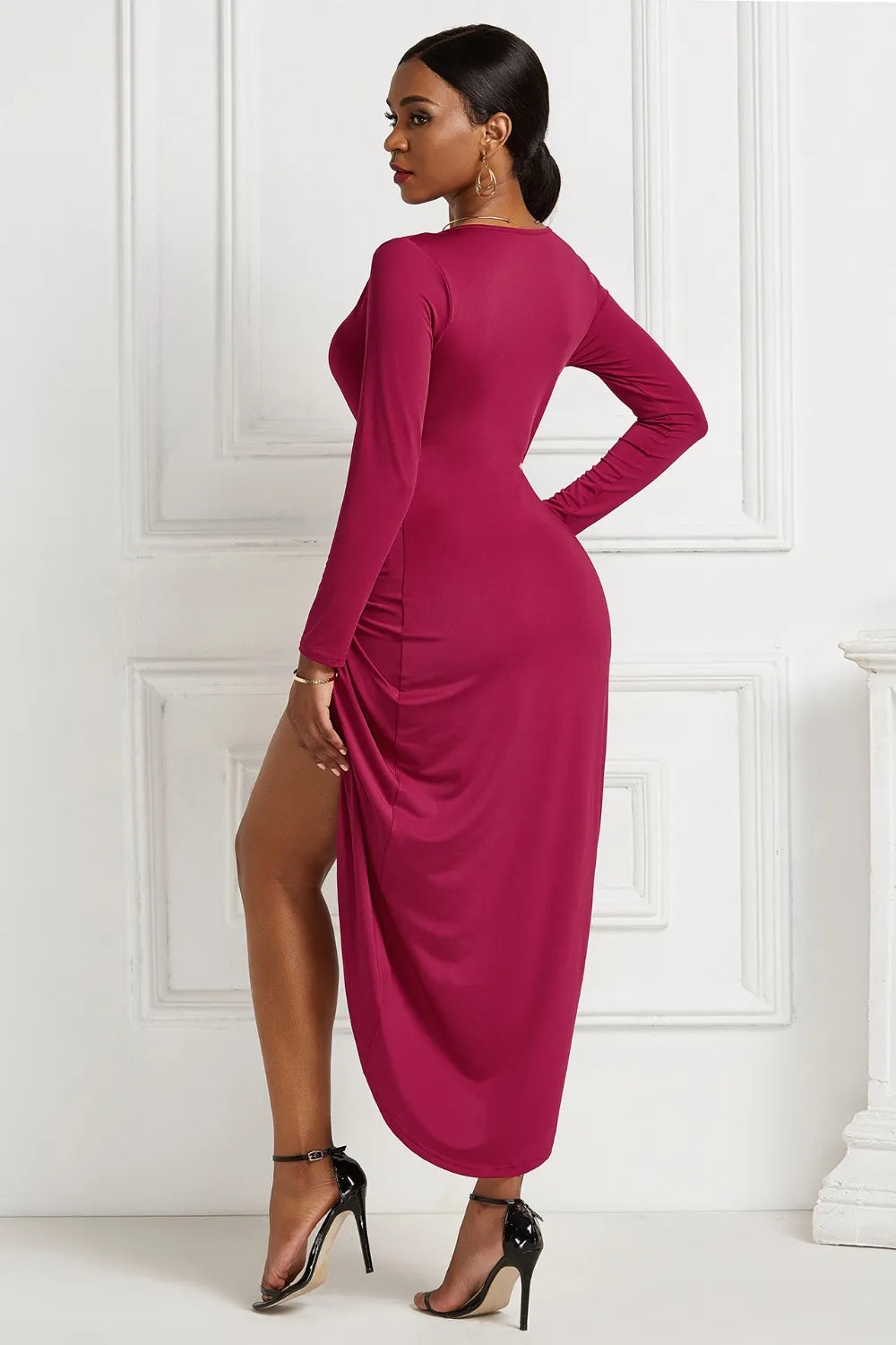 High-low Ruched Surplice Long Sleeve Dress – Trendsi | ClozArt