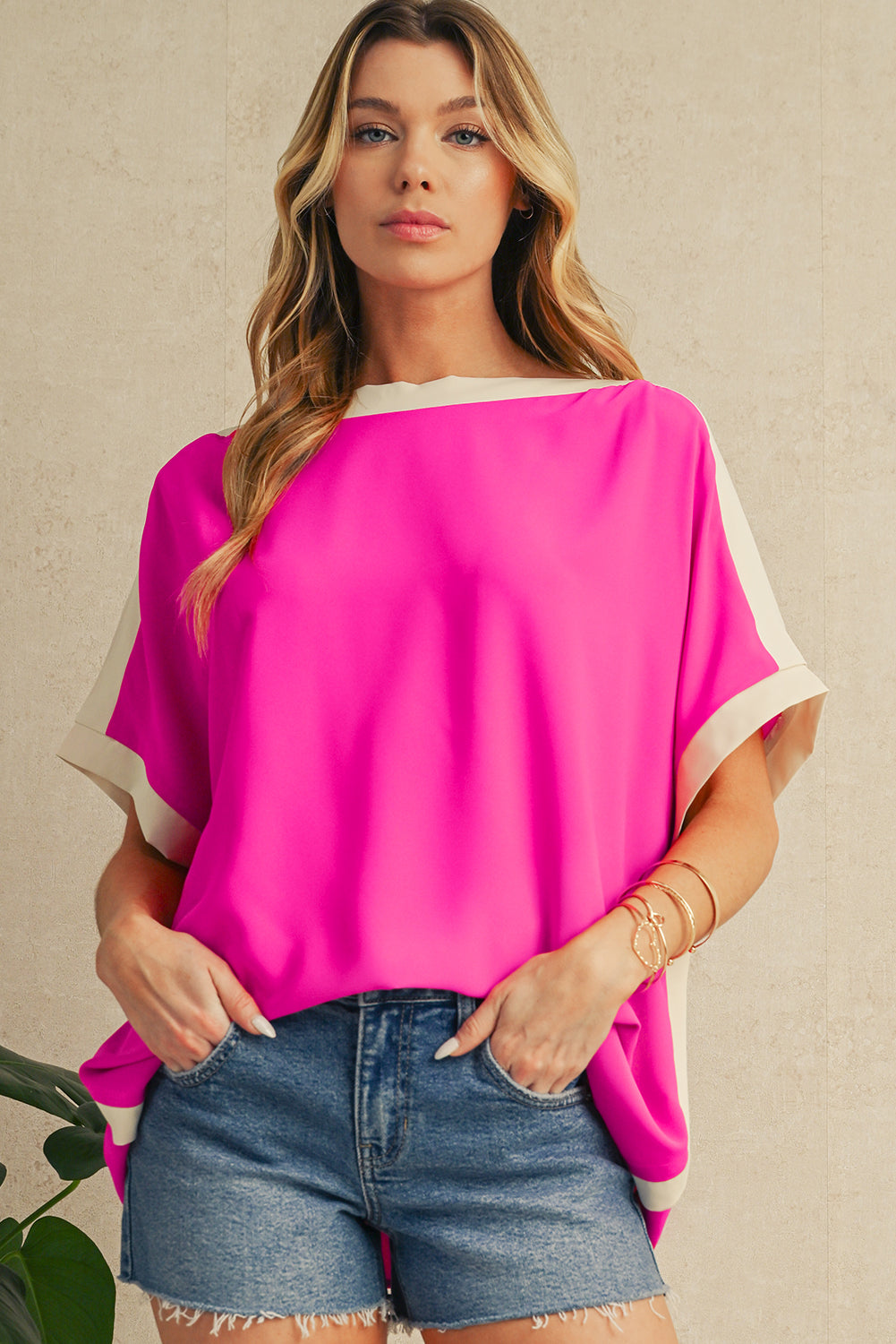 Green Colorblock Batwing Sleeve Boat Neck Blouse – Shewin | ClozArt