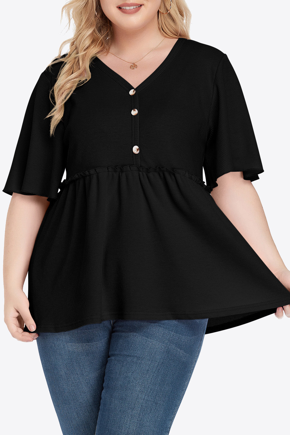 Plus Size Buttoned V-Neck Frill Trim Babydoll Blouse – Trendsi | ClozArt