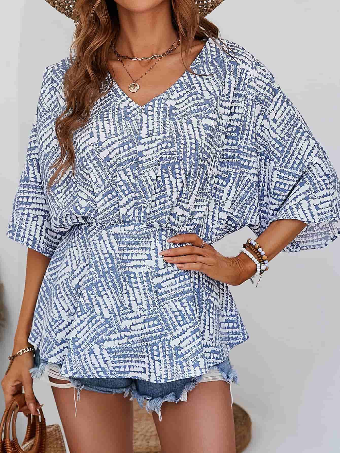 Printed V-Neck Dolman Sleeve Blouse – Trendsi | ClozArt