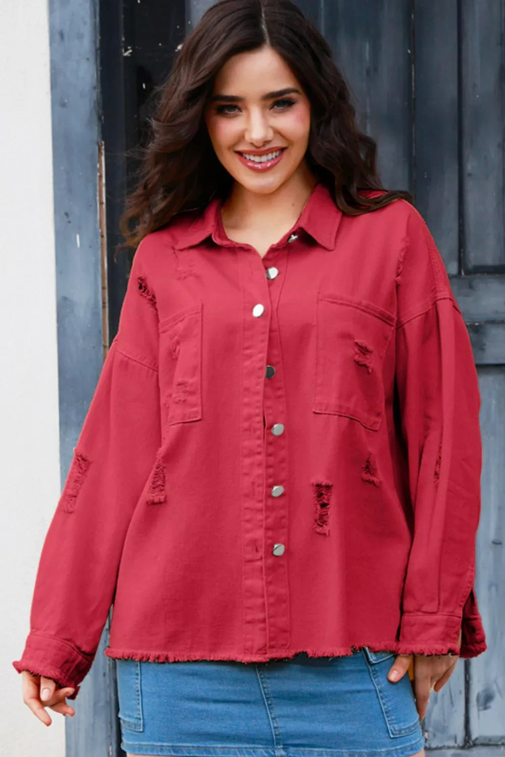 Distressed Button Up Raw Hem Denim Jacket – Trendsi | ClozArt