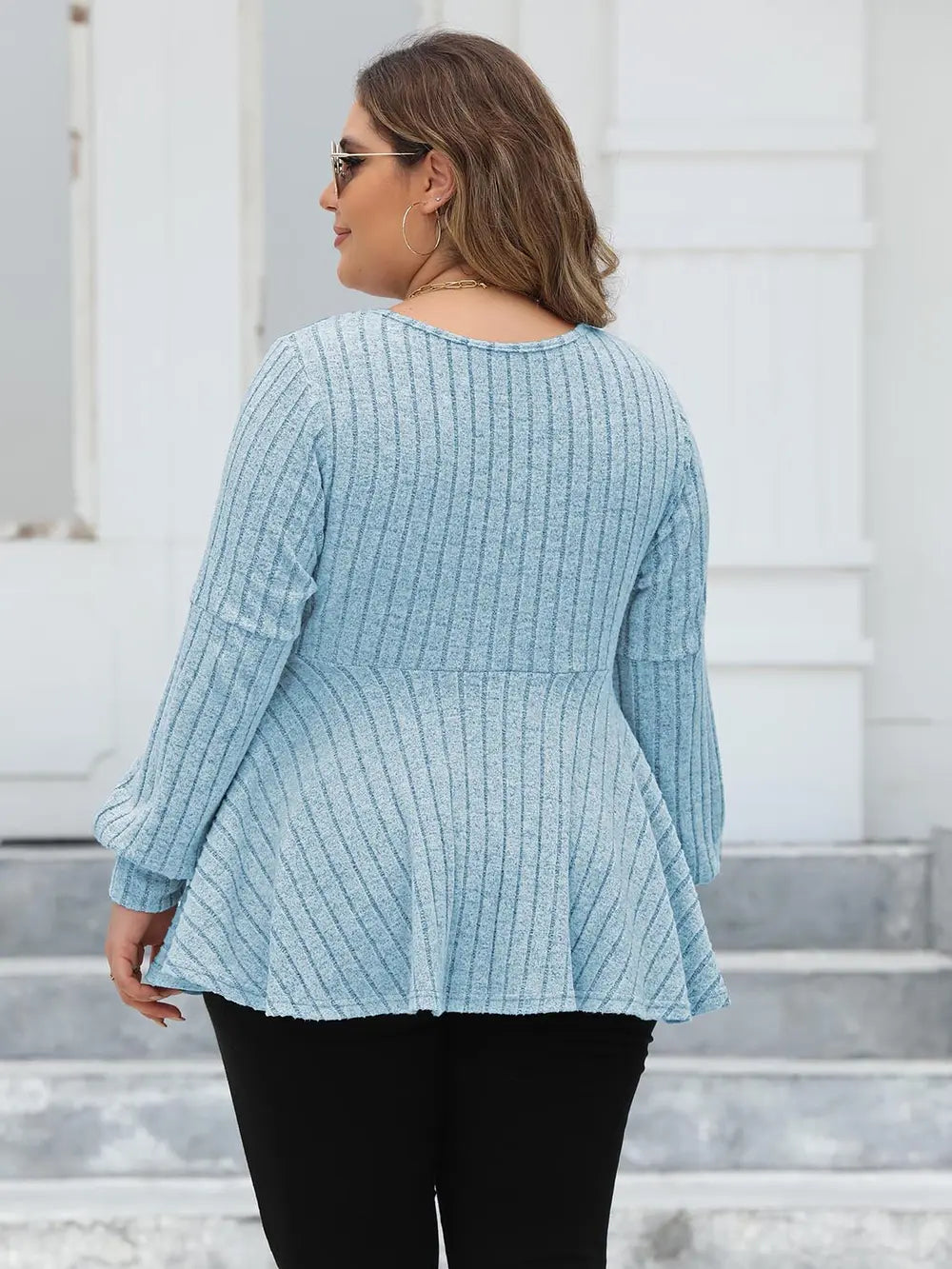Plus Size Ribbed V-Neck Long Sleeve Blouse – Trendsi | ClozArt
