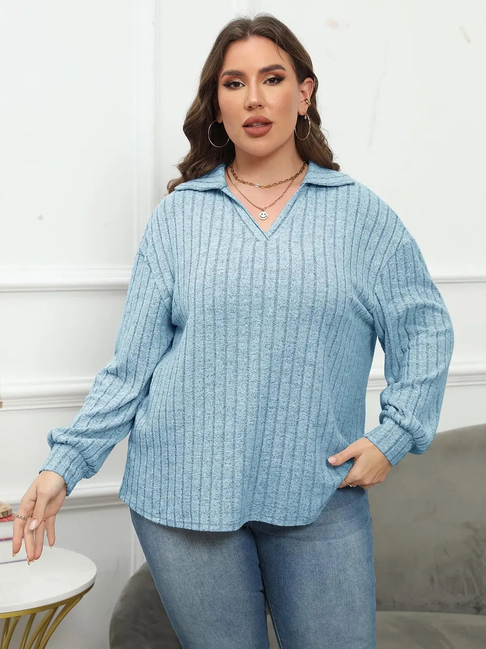 Plus Size Ribbed Collared Neck Long Sleeve Blouse – Trendsi | ClozArt