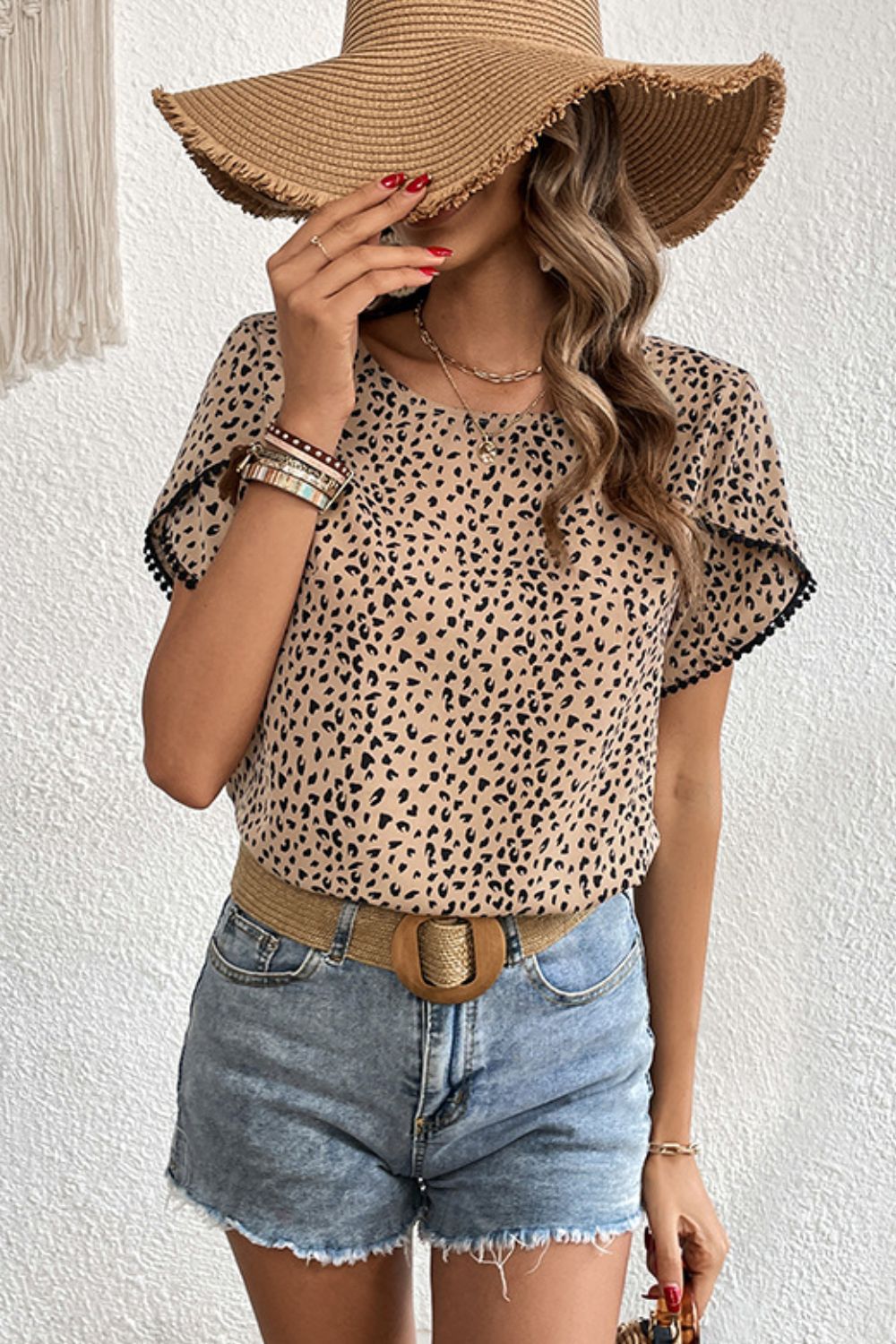 Perfee Printed Pom Pom Detail Petal Sleeve Round Neck Blouse – Trendsi | ClozArt