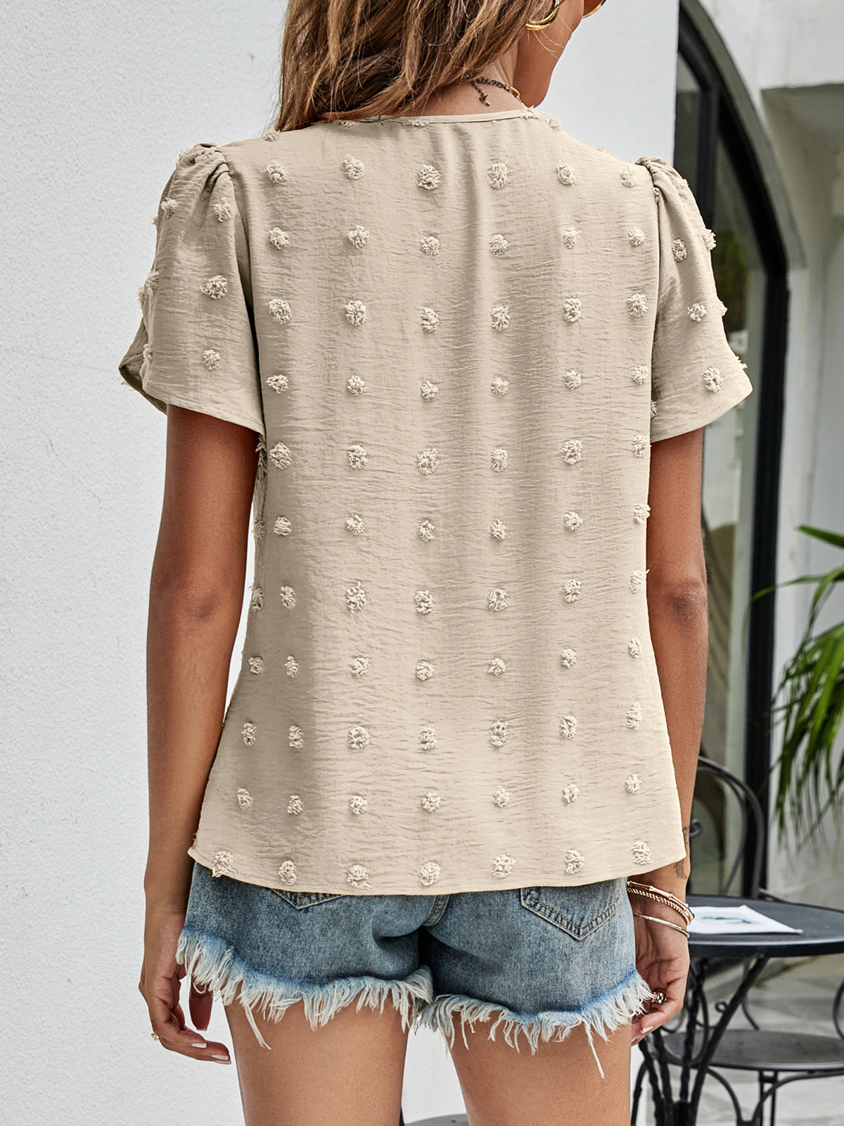Swiss Dot Round Neck Petal Sleeve Top – Trendsi | ClozArt