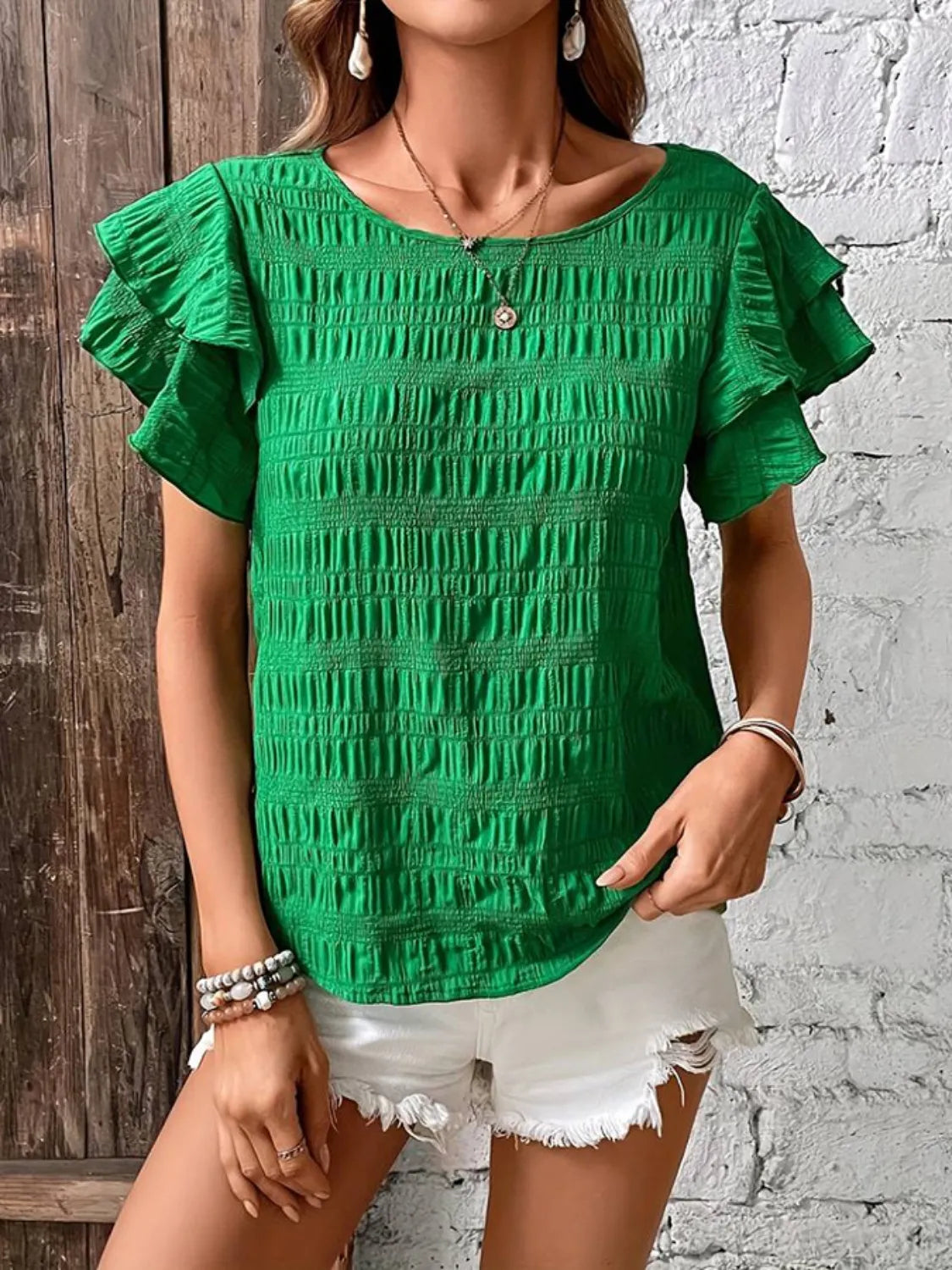 Round Neck Ruffled Short Sleeve Top – Trendsi | ClozArt