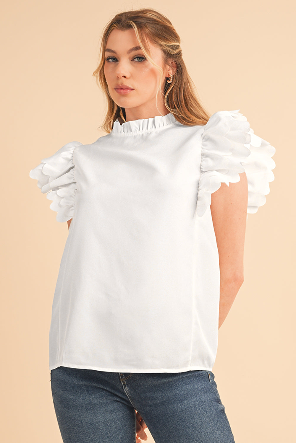 Bright Pink Solid Scalloped Ruffle Sleeve Blouse – Shewin | ClozArt