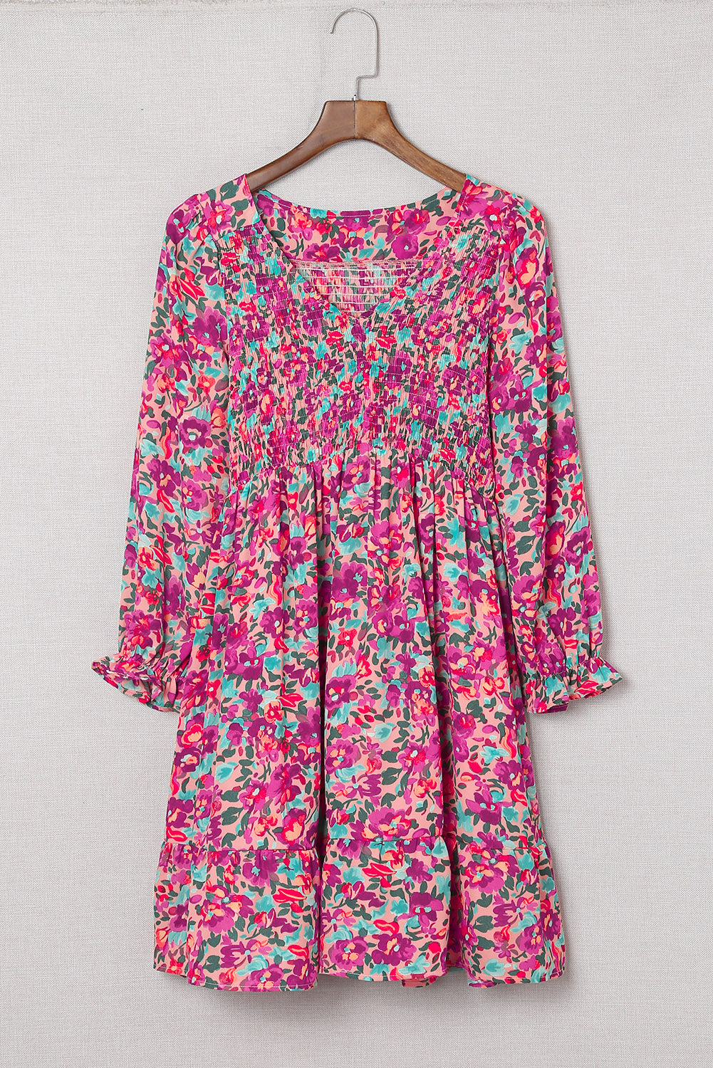 Floral Smocked V-Neck Flounce Sleeve Dress – Trendsi | ClozArt