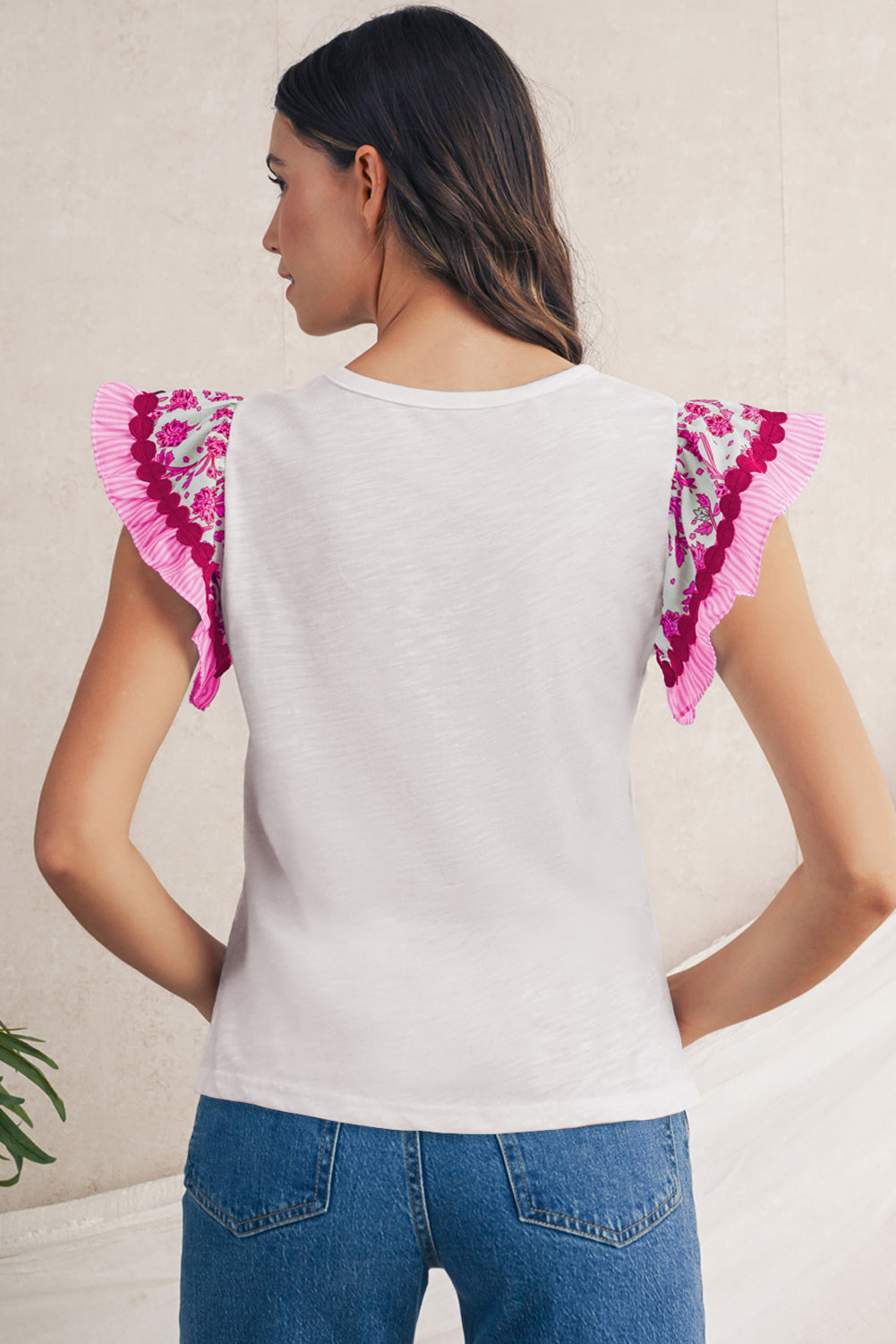 Rose Floral Striped Patchwork Flutter Sleeve Blouse – Shewin | ClozArt