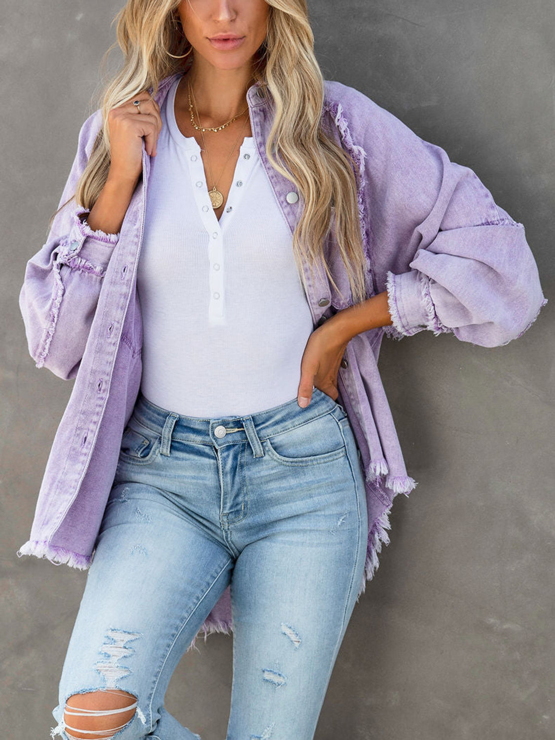 Button Down Raw Hem Denim Jacket – Trendsi | ClozArt