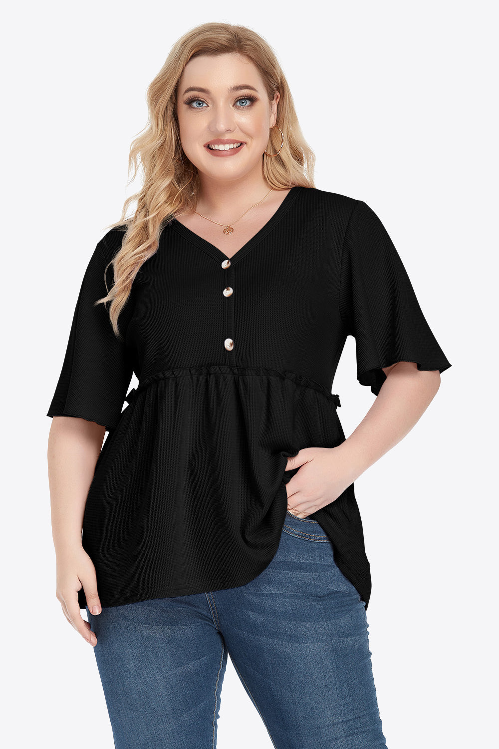 Plus Size Buttoned V-Neck Frill Trim Babydoll Blouse – Trendsi | ClozArt