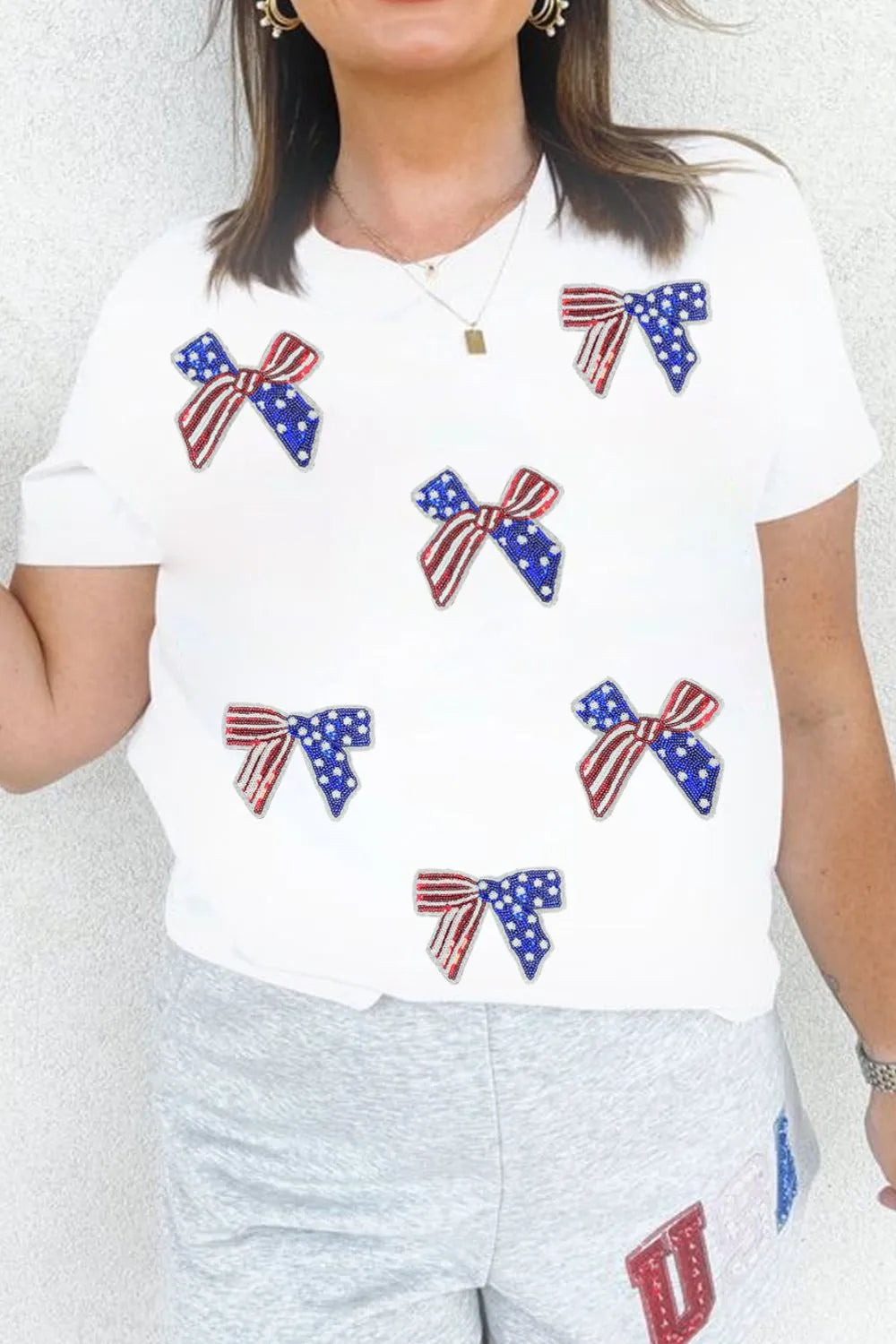 Sequin Flag Bow Pattern Crew Neck Patriotic Tee – Trendsi | ClozArt