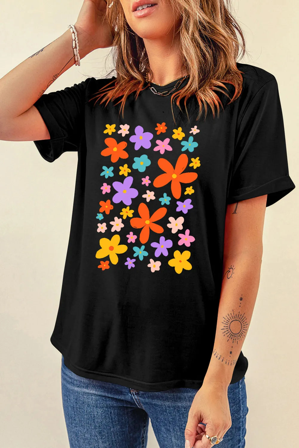 Flower Graphic Round Neck Short Sleeve T-Shirt – Trendsi | ClozArt