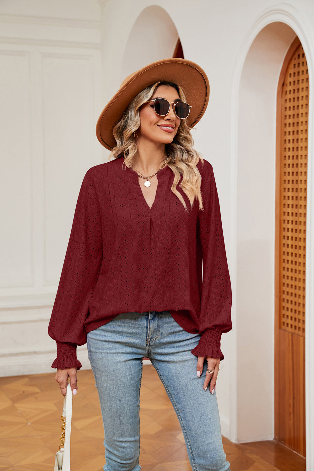 Notched Neck Flounce Sleeve Blouse – Trendsi | ClozArt