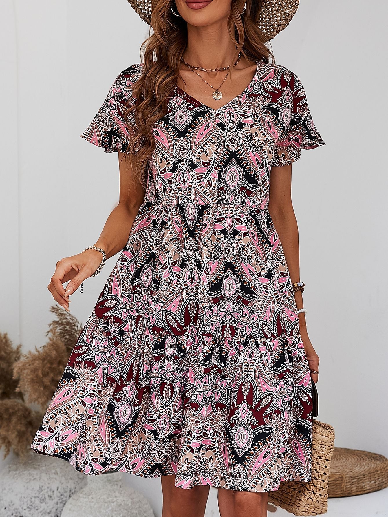 Printed V-Neck Tiered Dress – Trendsi | ClozArt