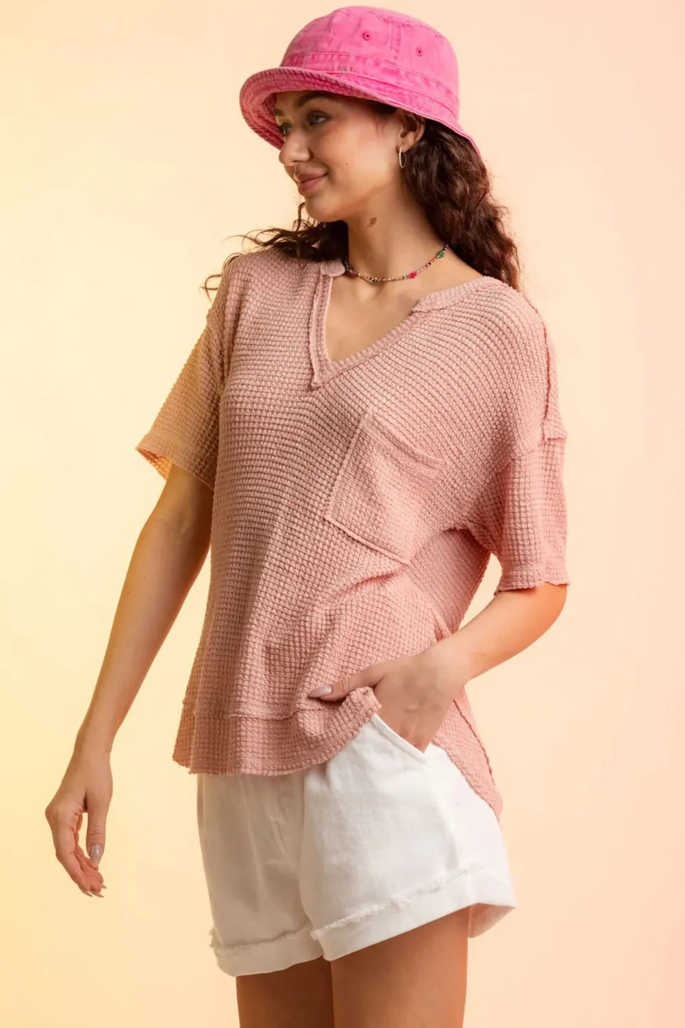 Waffle-Knit Notched Half Sleeve T-Shirt – Trendsi | ClozArt