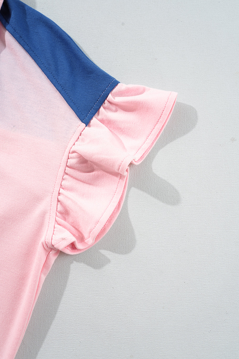 Gossamer Pink Color Block Half Buttoned Ruffled Short Sleeve Pop of Color Neckline T Shirt – Shewin | ClozArt