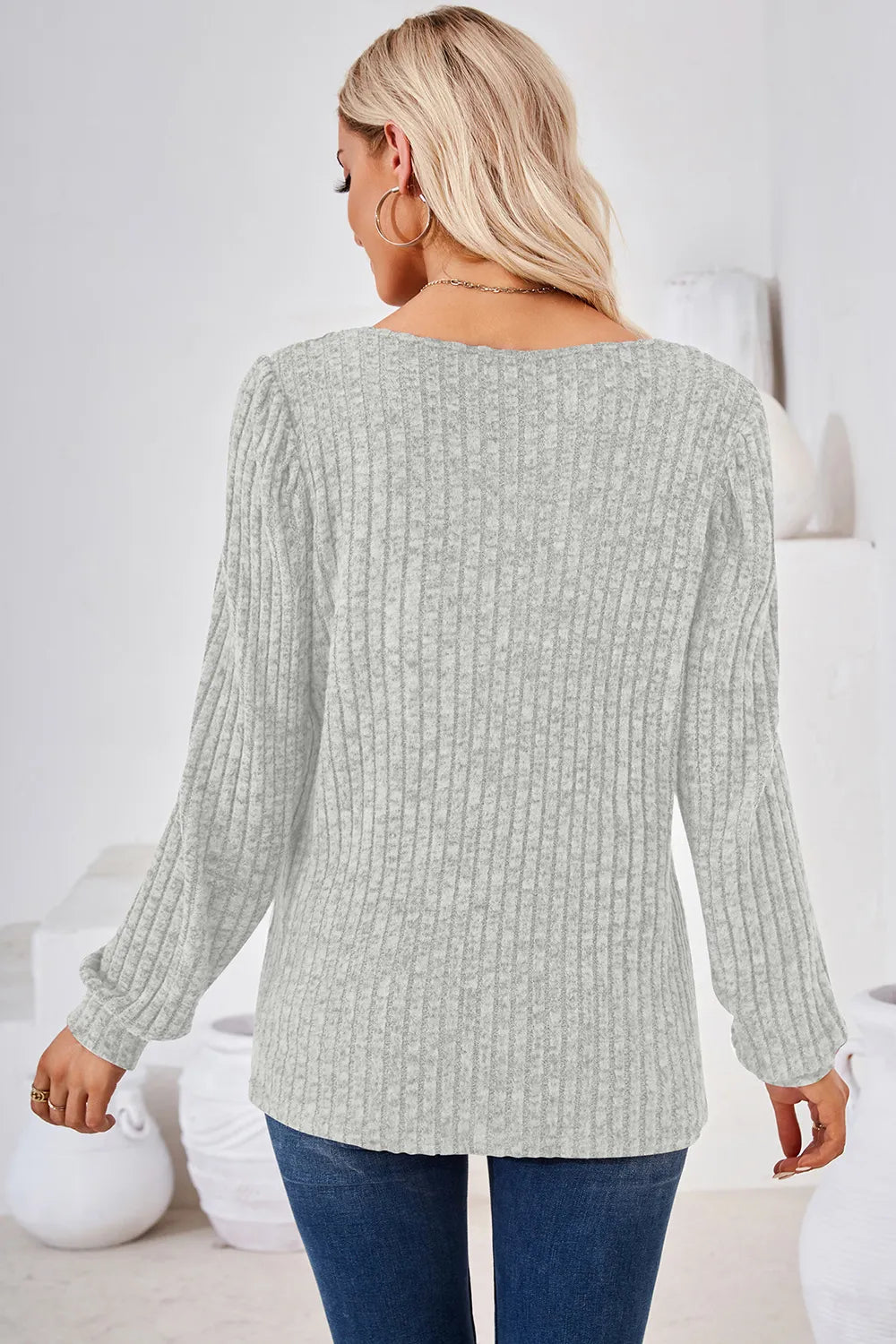 Ribbed Square Neck Long Sleeve T-Shirt – Trendsi | ClozArt