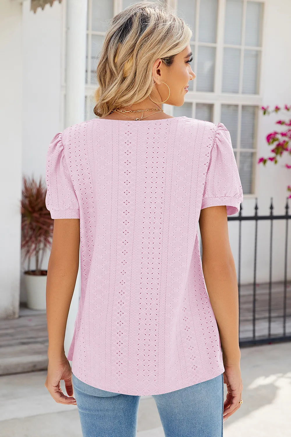 Eyelet Puff Sleeve T-Shirt – Trendsi | ClozArt