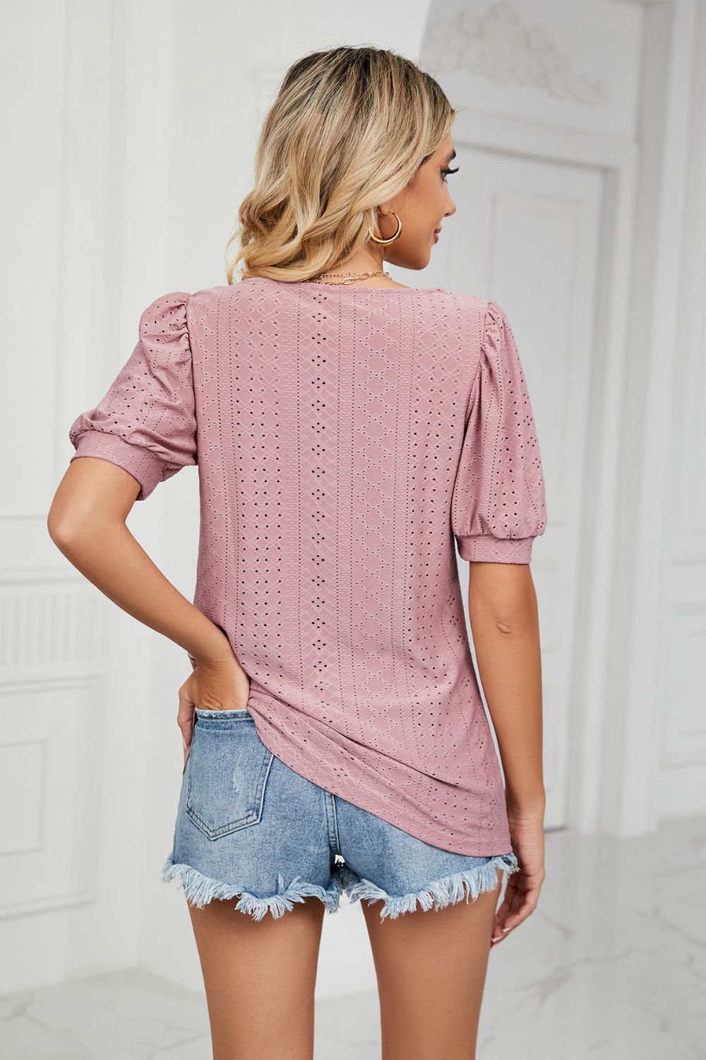 Eyelet Puff Sleeve Round Neck Top – Trendsi | ClozArt