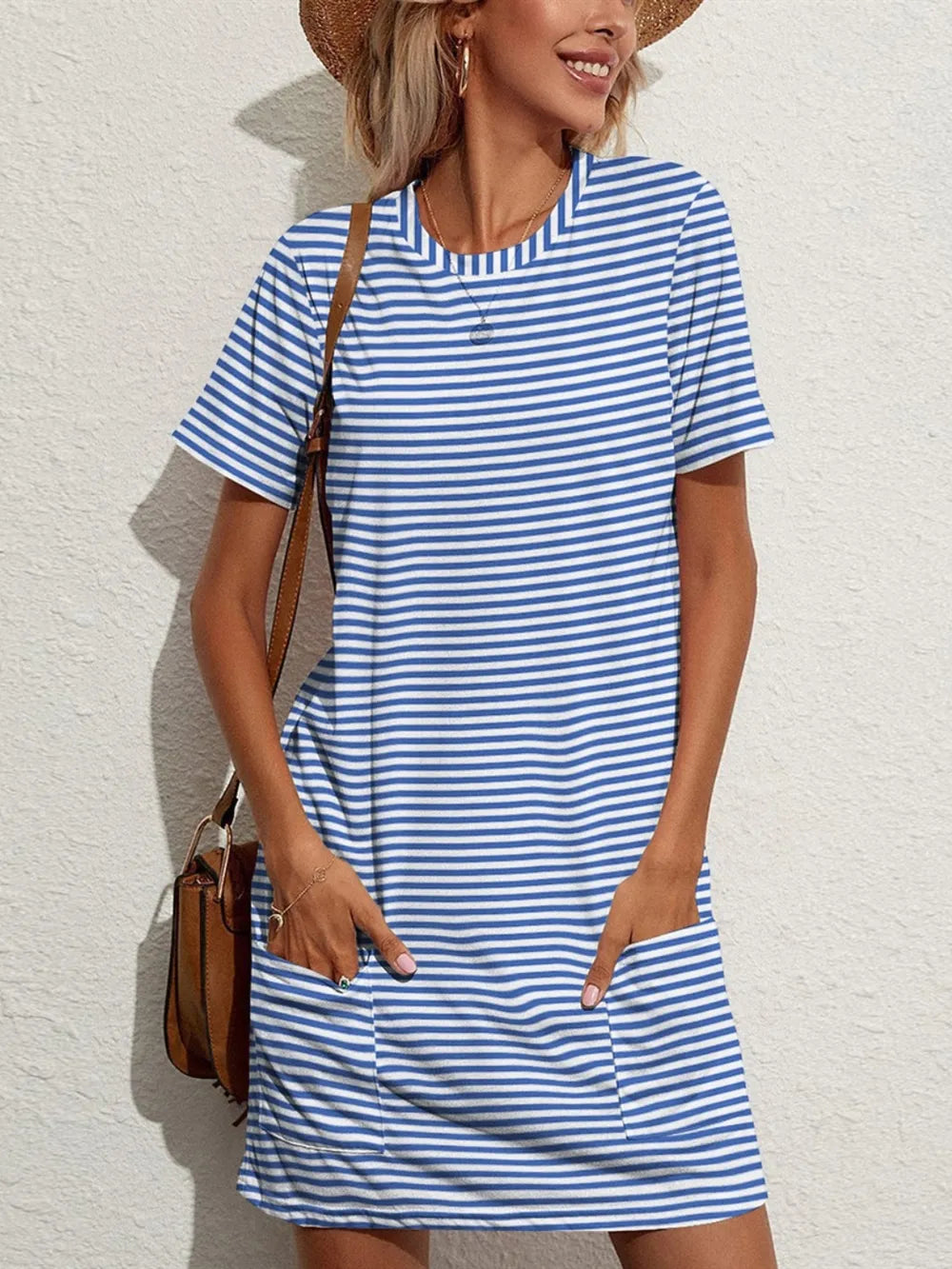 FAM-FAM Pocketed Striped Round Neck Short Sleeve Dress – Trendsi | ClozArt