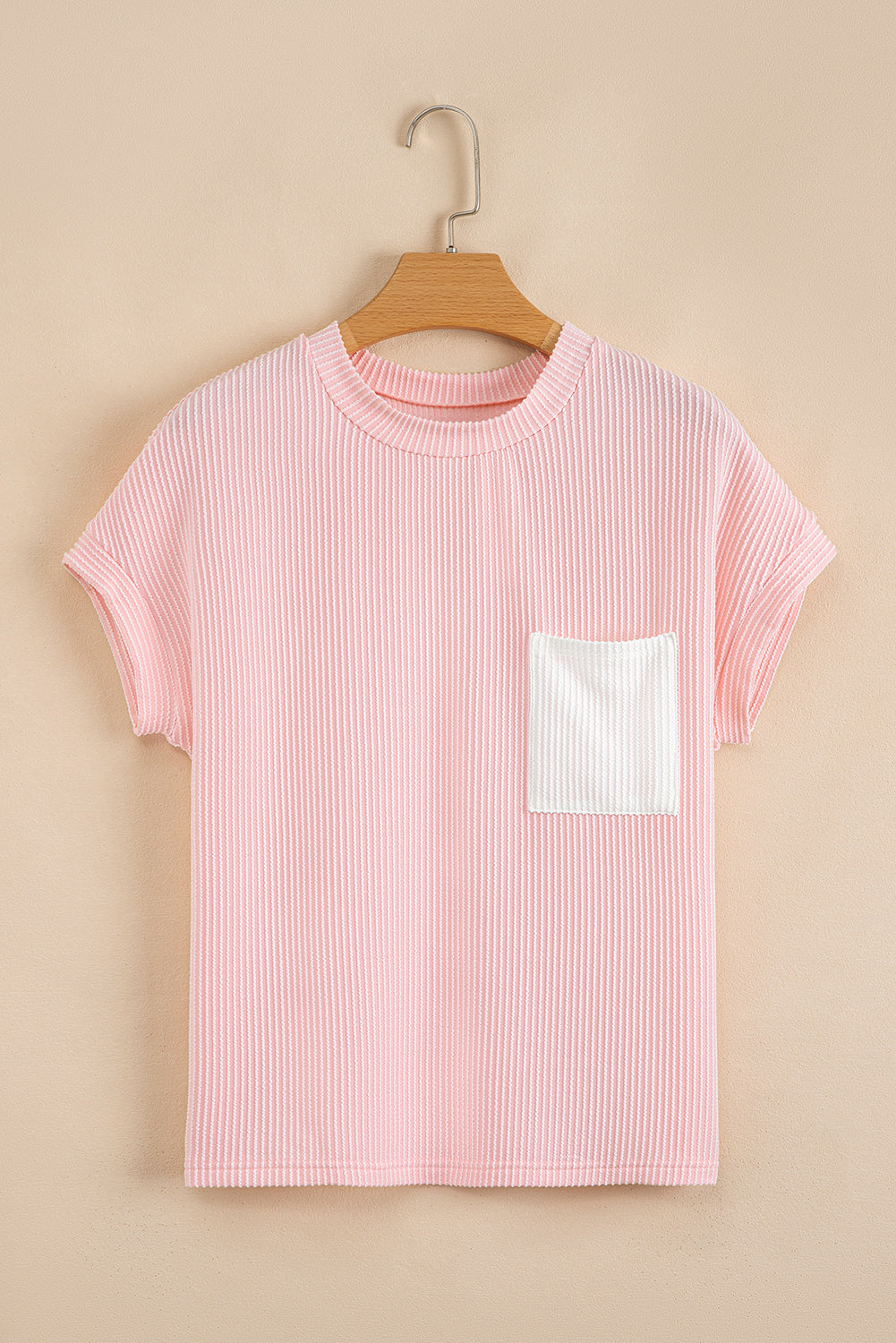 Pink Corded Colorblock Pocket Crew Neck T Shirt – Shewin | ClozArt