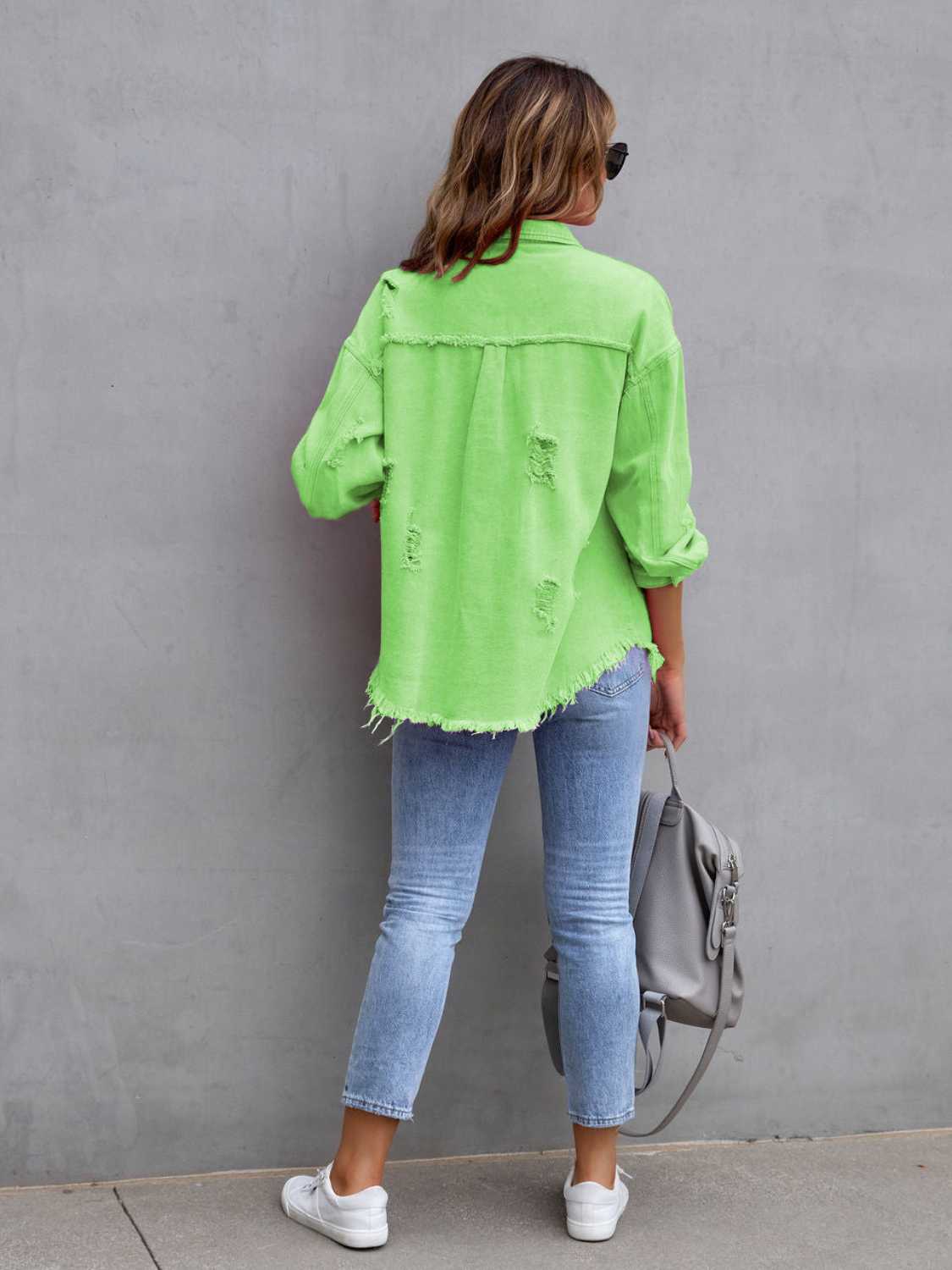 Distressed Drop Shoulder Denim Jacket – Trendsi | ClozArt