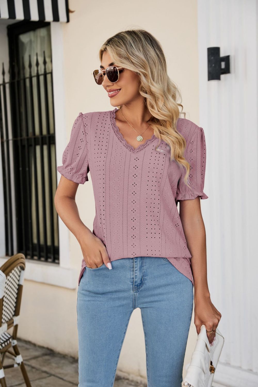 Eyelet Flounce Sleeve Scalloped V-Neck Top – Trendsi | ClozArt