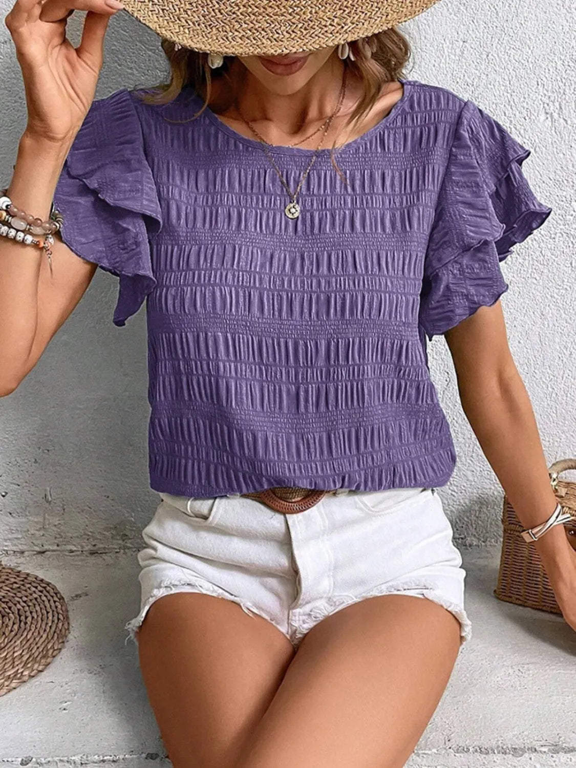 Round Neck Ruffled Short Sleeve Top – Trendsi | ClozArt