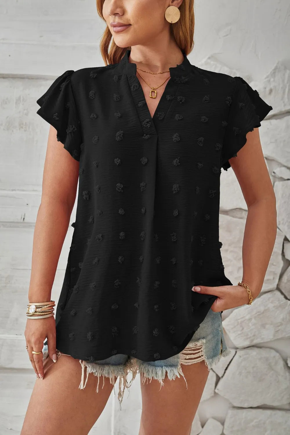 Swiss Dot Notched Cap Sleeve T-Shirt – Trendsi | ClozArt