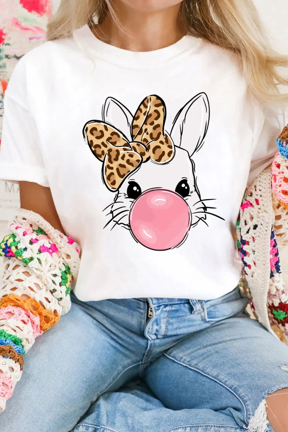 Leopard Bow Rabbit Graphic Round Neck Short Sleeve T-Shirt – Trendsi | ClozArt