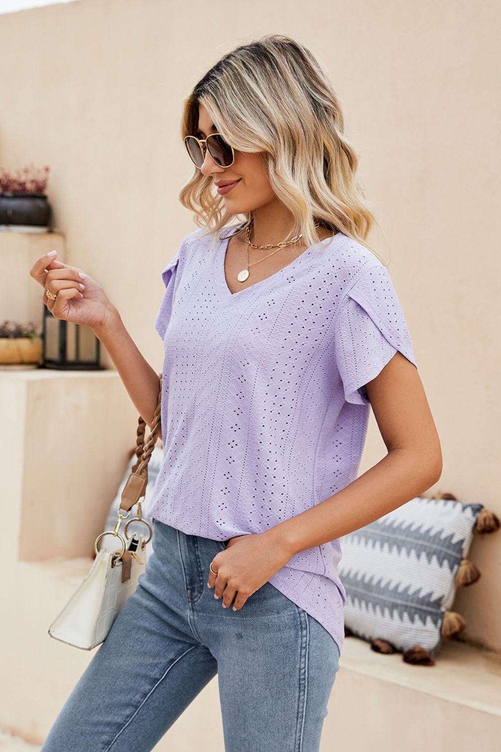 Eyelet Petal Sleeve V-Neck Knit Top – Trendsi | ClozArt