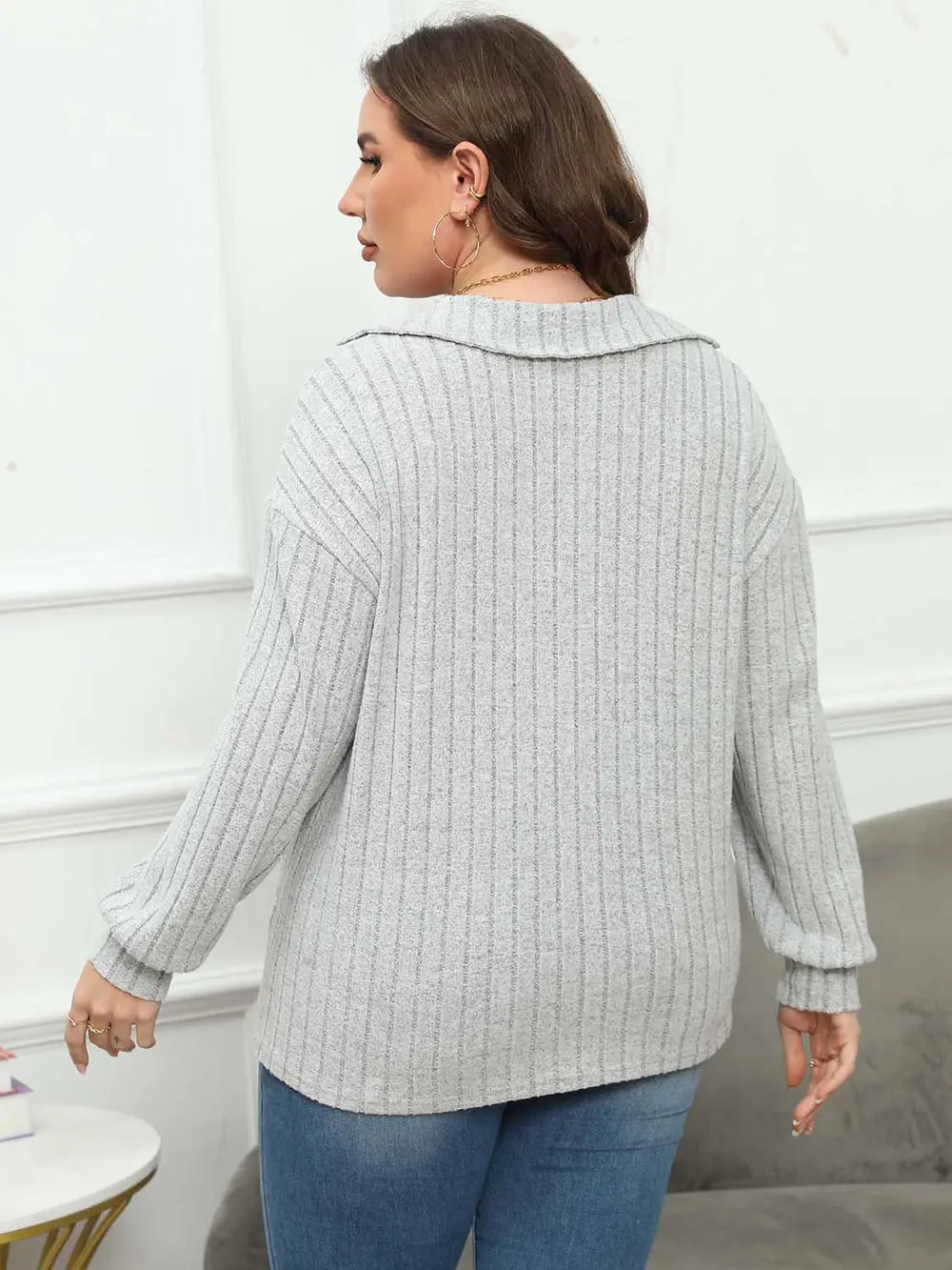 Plus Size Ribbed Collared Neck Long Sleeve Blouse – Trendsi | ClozArt