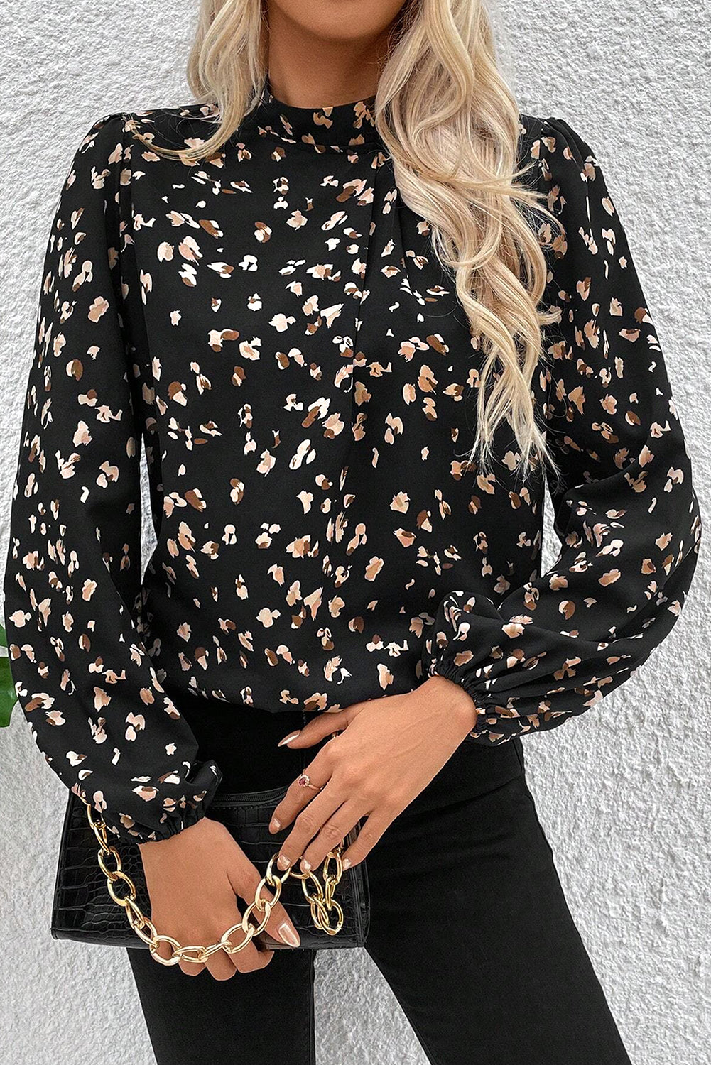 Black Leopard Print Puff Sleeve Mock Neck Pleated Blouse – Shewin | ClozArt