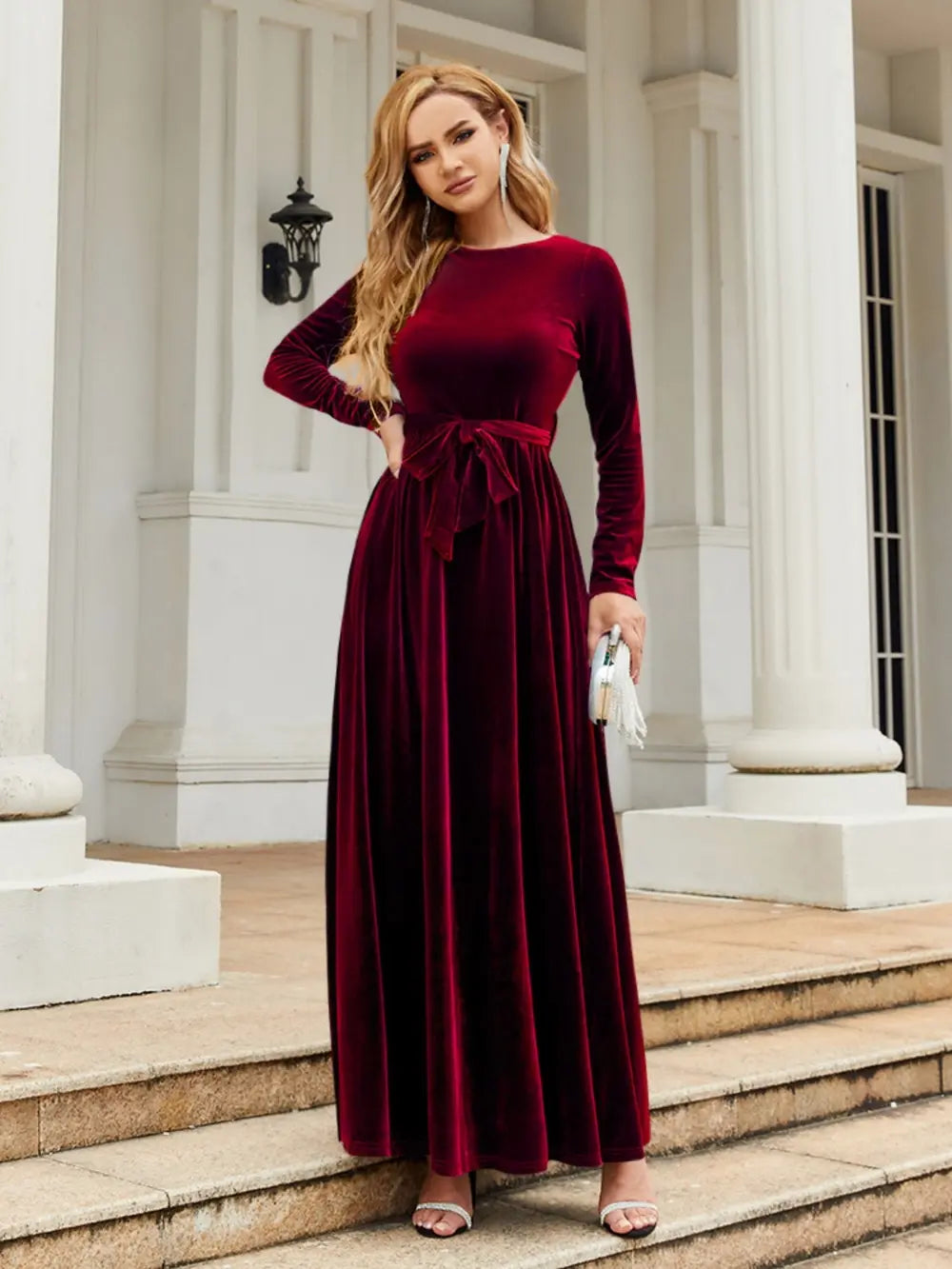Tie Front Round Neck Long Sleeve Maxi Dress – Trendsi | ClozArt